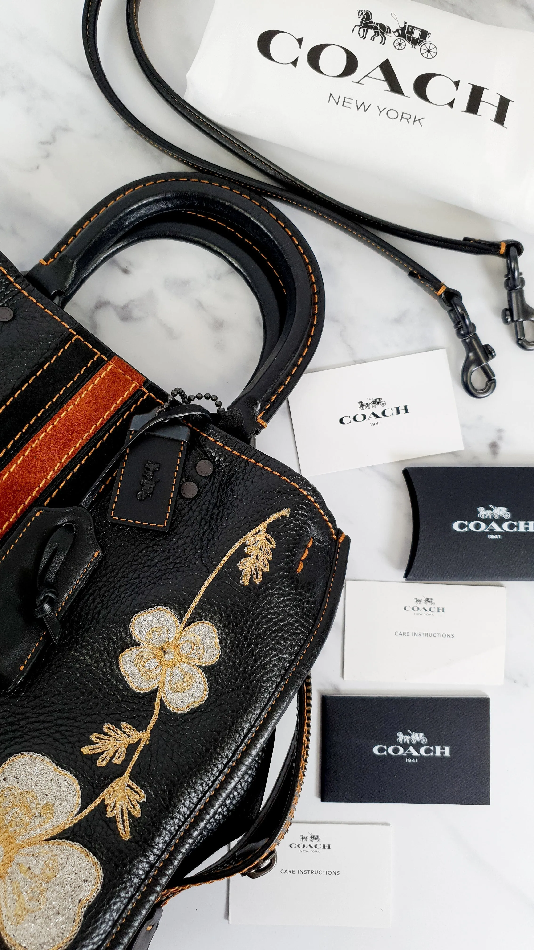 Coach 1941 Rogue 31 in Black with Western Embroidery Flowers & Varsity Stripe - Satchel Handbag Coach 57230