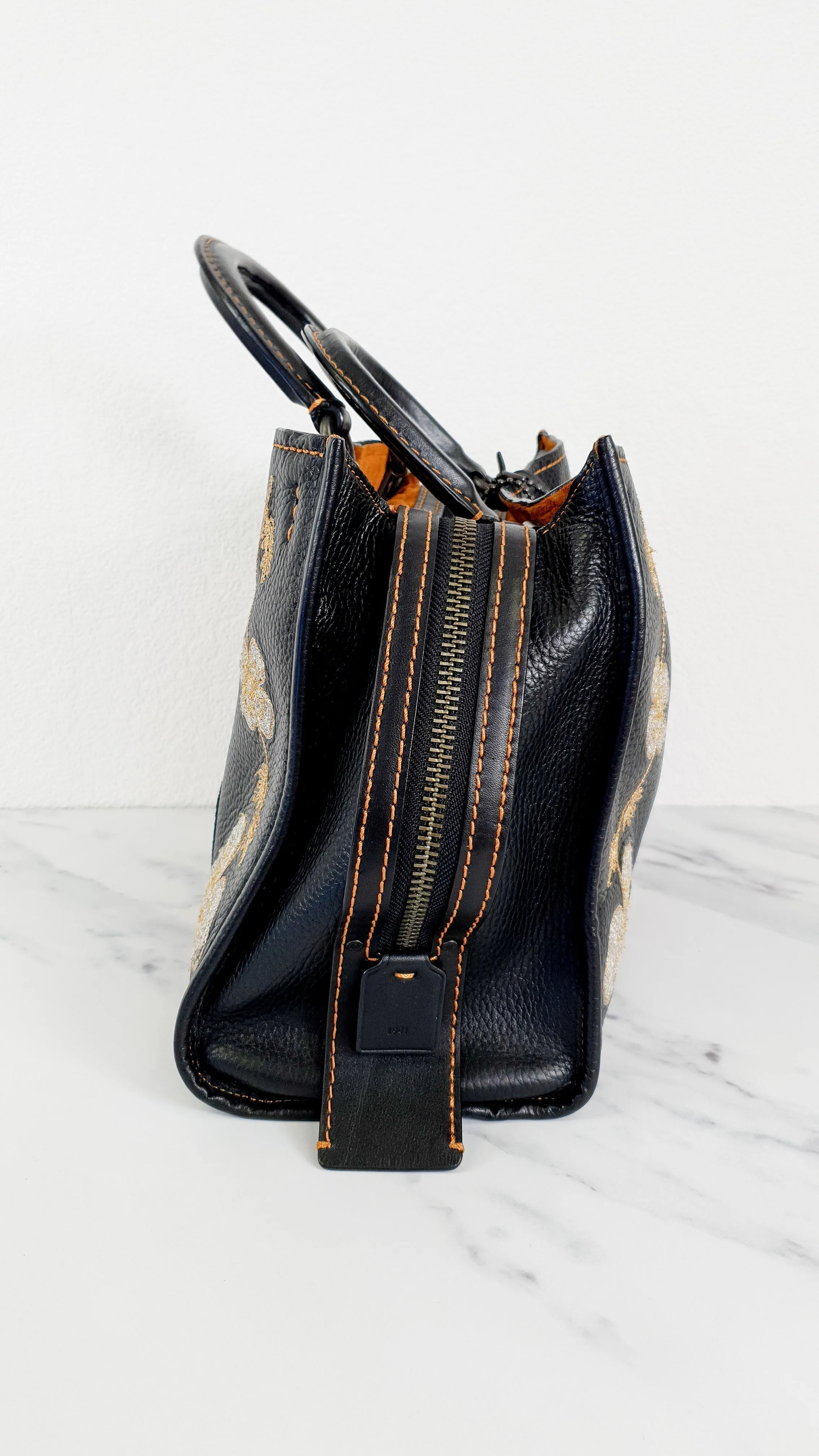 Coach 1941 Rogue 31 in Black with Western Embroidery Flowers & Varsity Stripe - Satchel Handbag Coach 57230