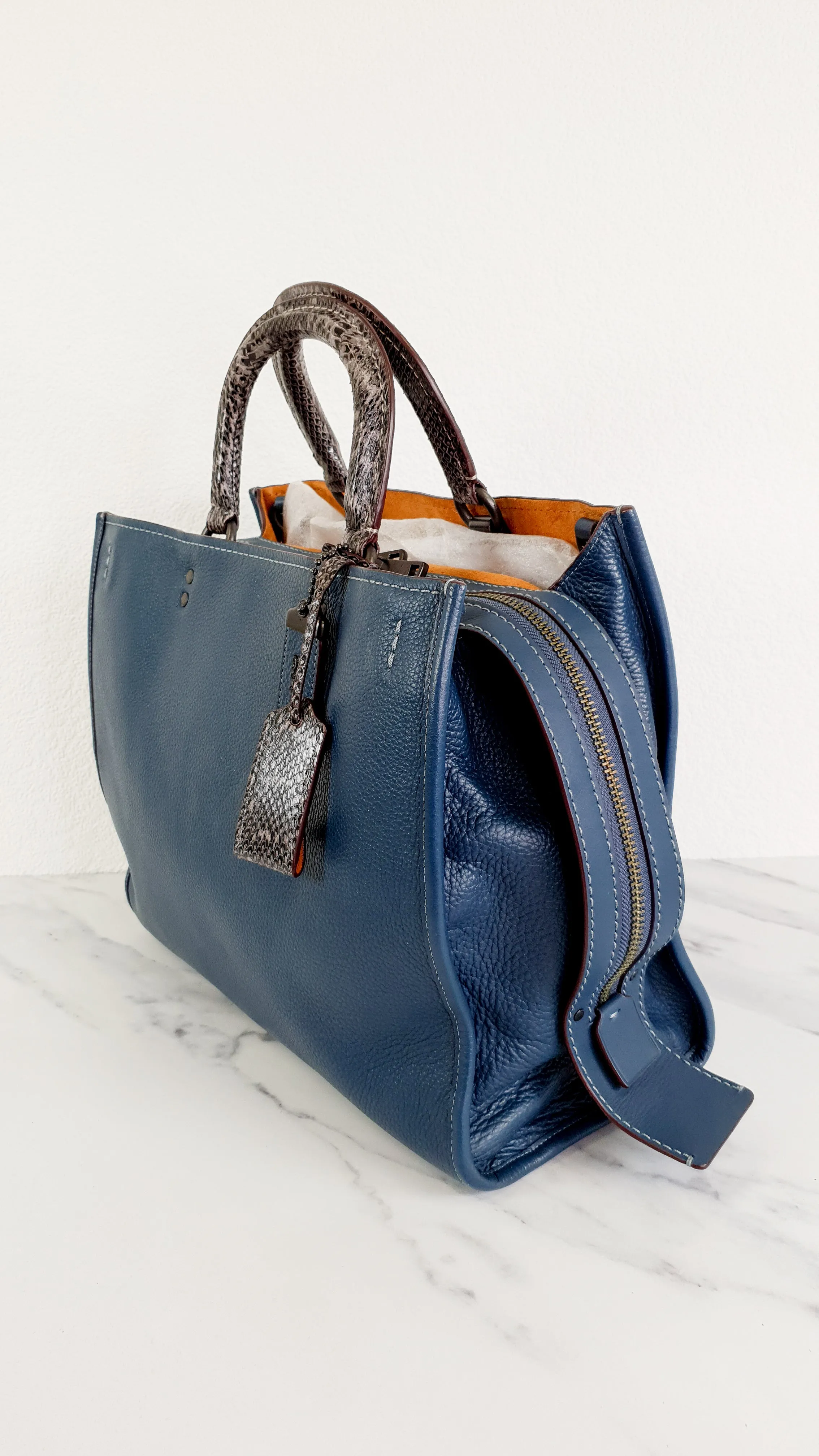 Coach 1941 Rogue 36 in Dark Denim Blue with Genuine Snakeskin Handles - Shoulder Bag Handbag - Coach 58965