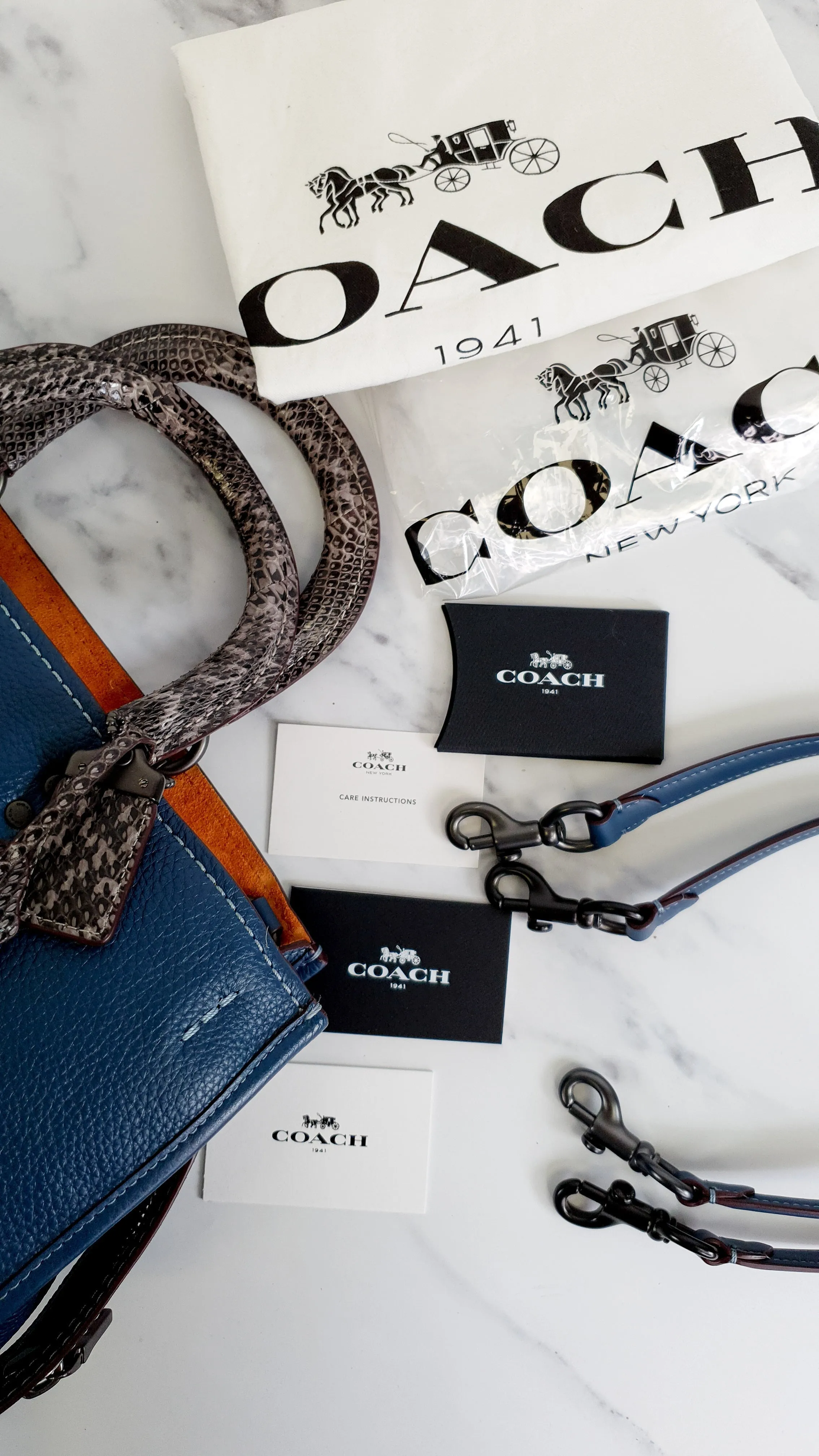 Coach 1941 Rogue 36 in Dark Denim Blue with Genuine Snakeskin Handles - Shoulder Bag Handbag - Coach 58965