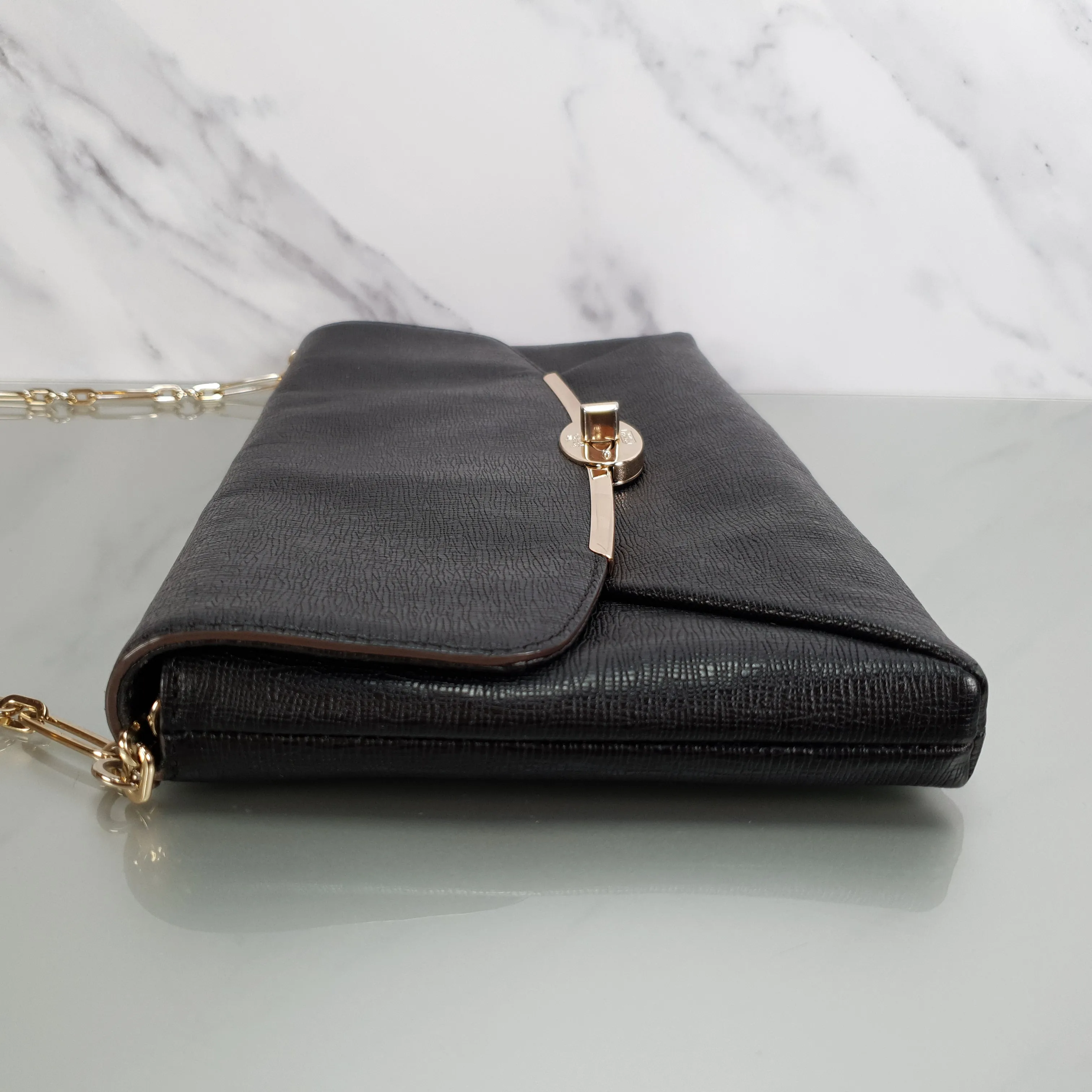 Coach Madison Clutch Shoulder Bag in Black Textured Leather With Gold Tone Chain