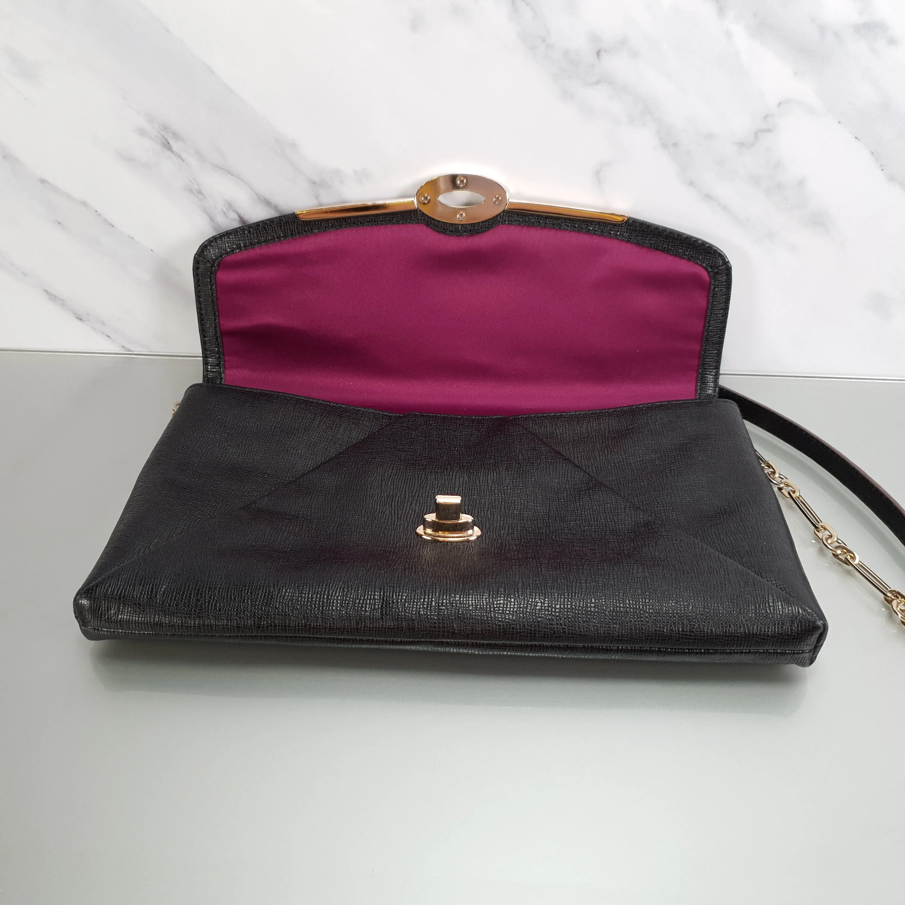 Coach Madison Clutch Shoulder Bag in Black Textured Leather With Gold Tone Chain