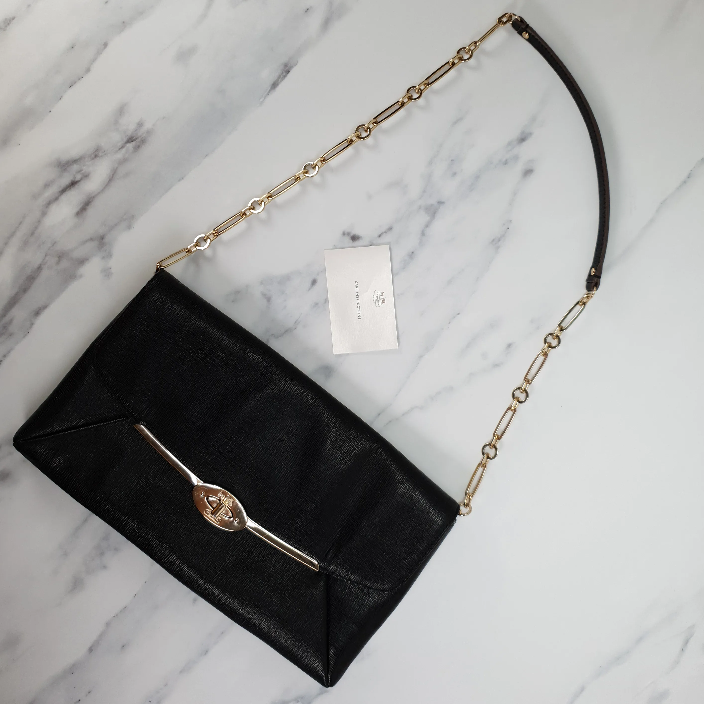 Coach Madison Clutch Shoulder Bag in Black Textured Leather With Gold Tone Chain