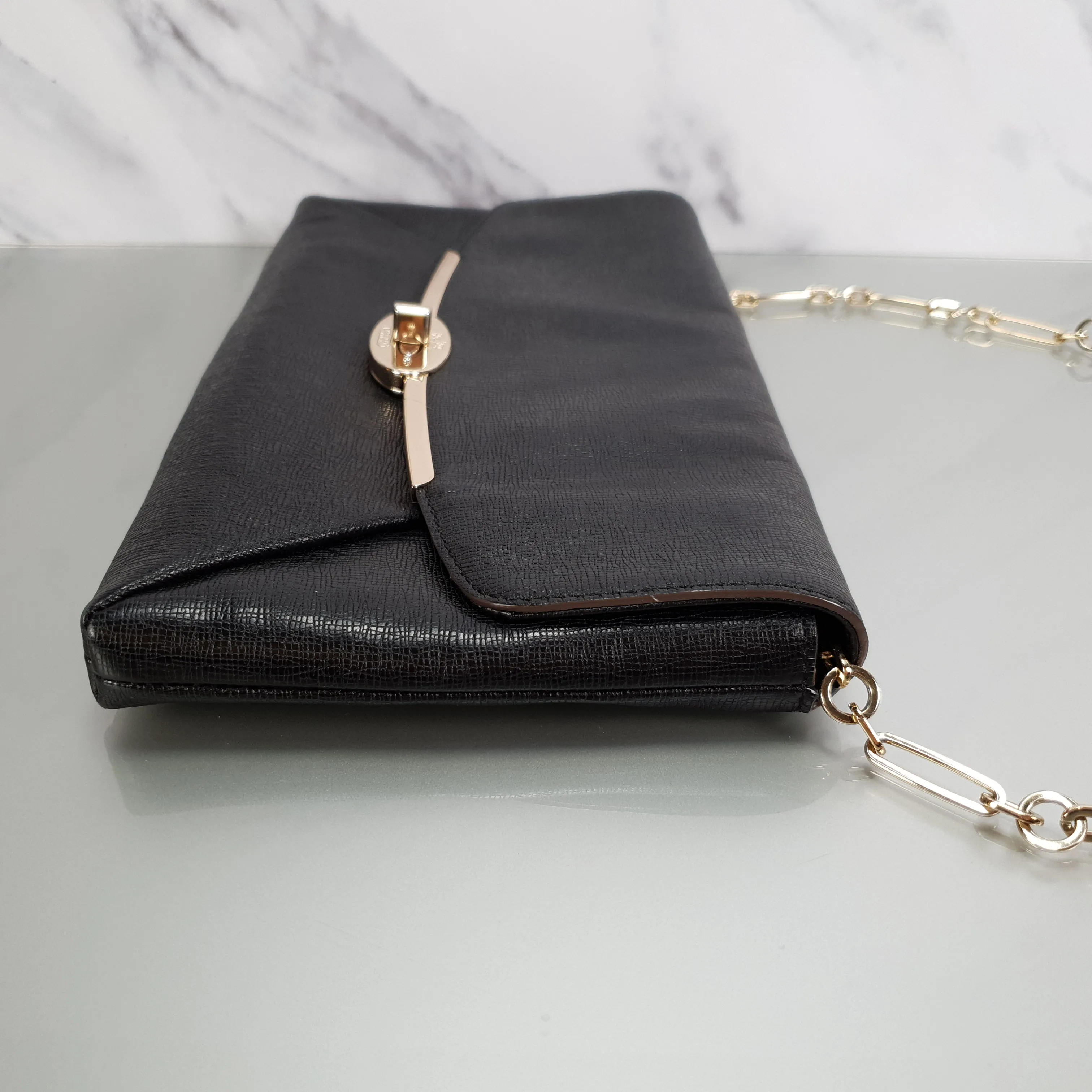 Coach Madison Clutch Shoulder Bag in Black Textured Leather With Gold Tone Chain