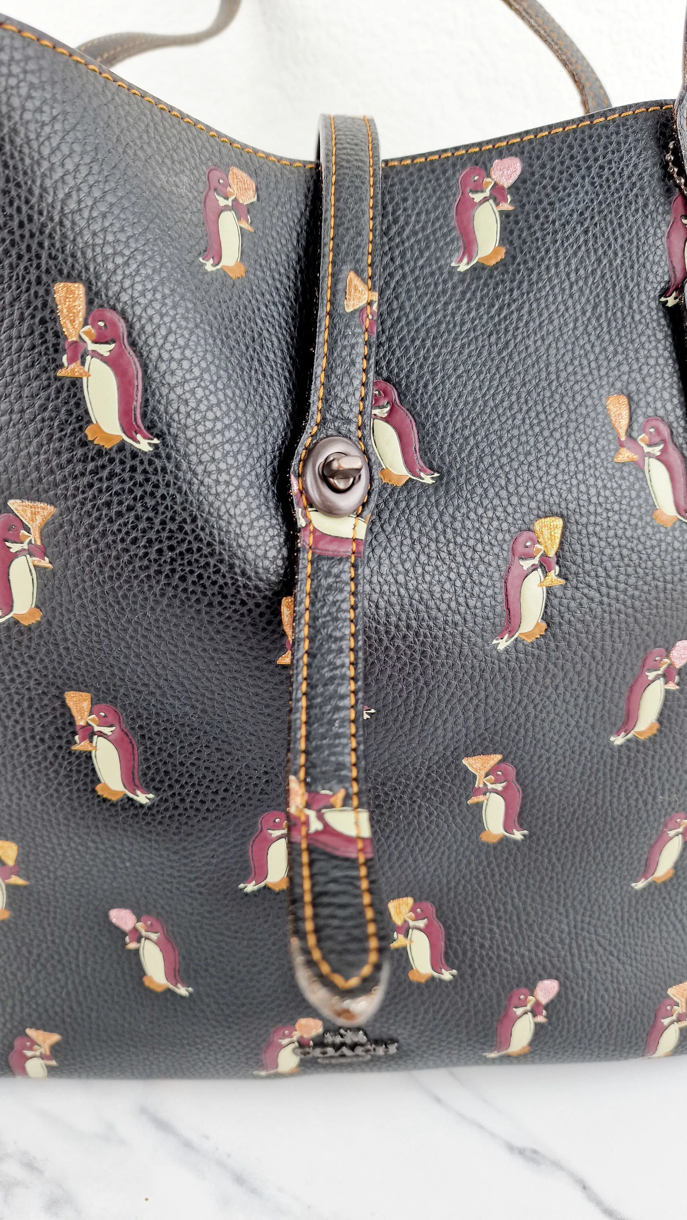 Coach Market Tote with Party Penguins in Black Leather - Shoulder Bag - Coach 25747