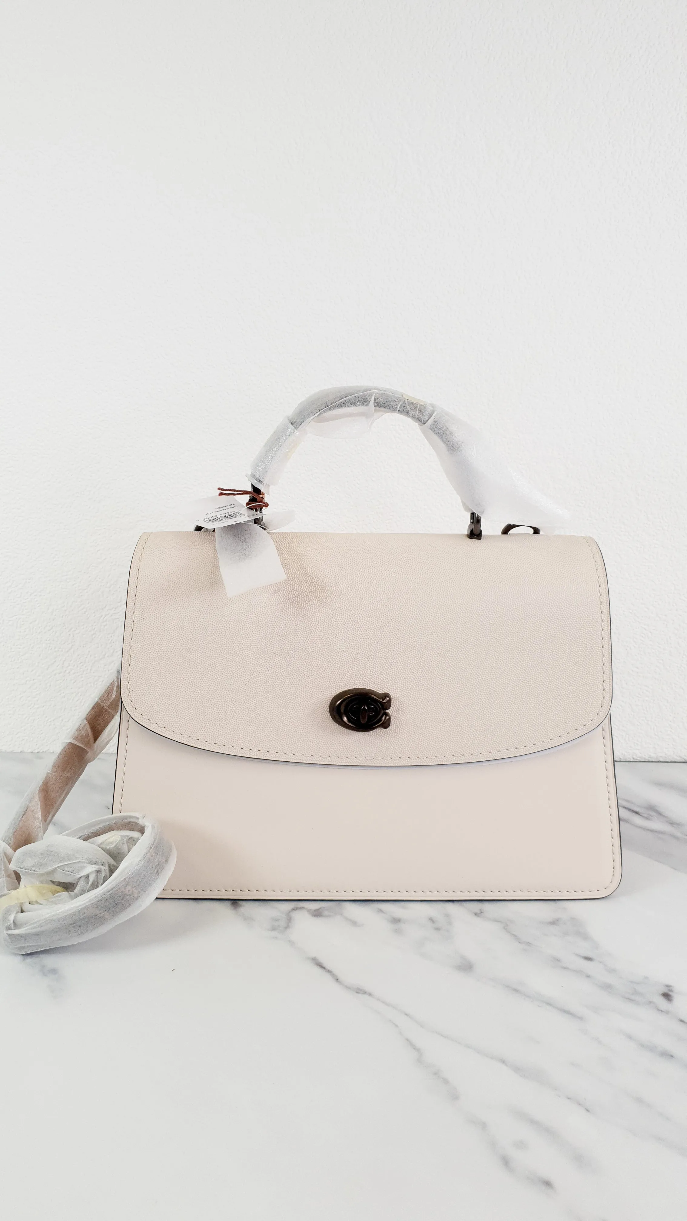 Coach Parker 32 Tophandle Carryall in Chalk Colorblock Beechwood with Snakeskin Details & C Chain - Handbag Exotic Crossbody Bag Coach 73969