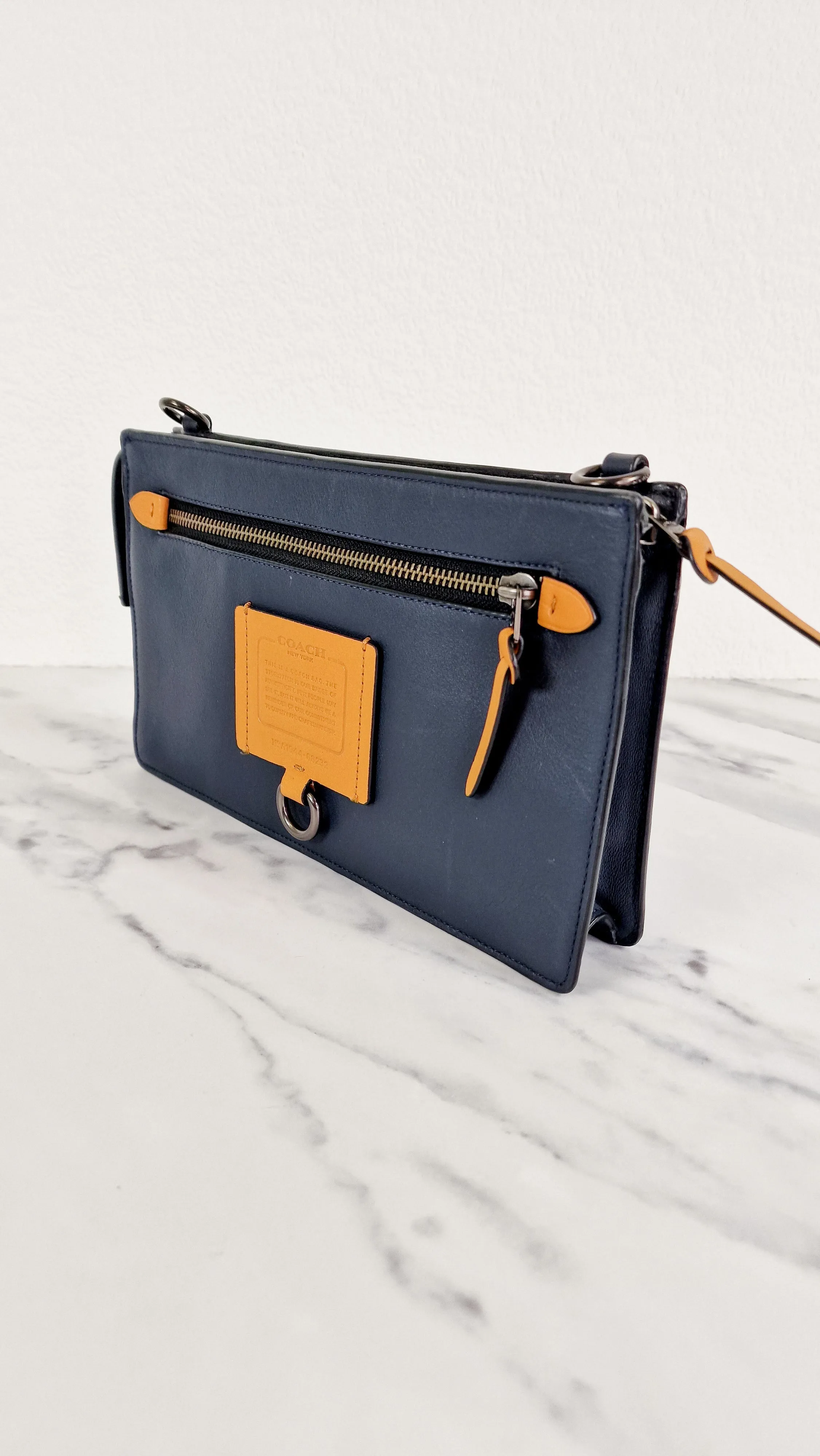 Coach Rivington Convetible Pouch Clutch in Navy Blue Smooth Leather with Yellow Details - Coach 68232