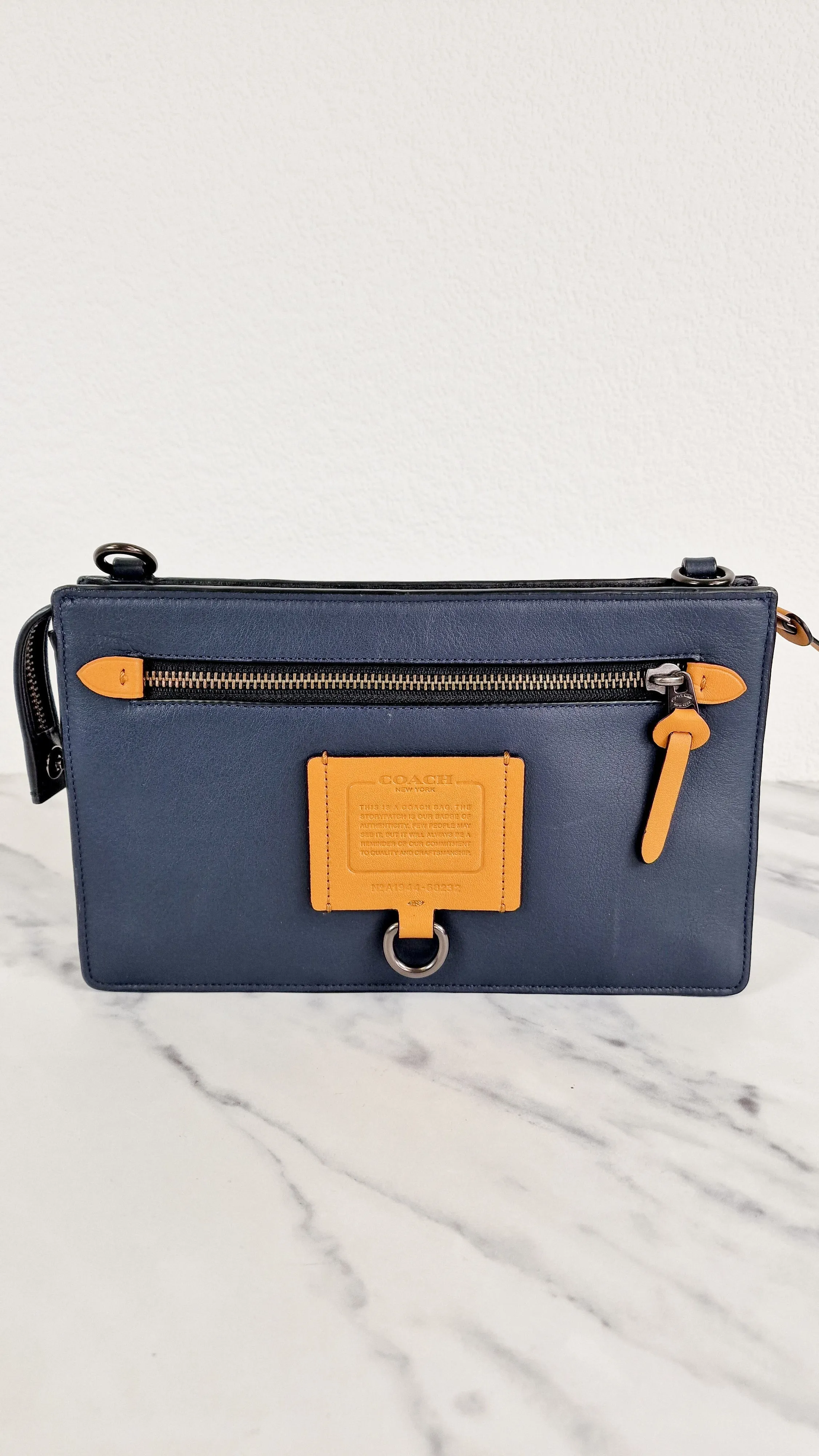 Coach Rivington Convetible Pouch Clutch in Navy Blue Smooth Leather with Yellow Details - Coach 68232