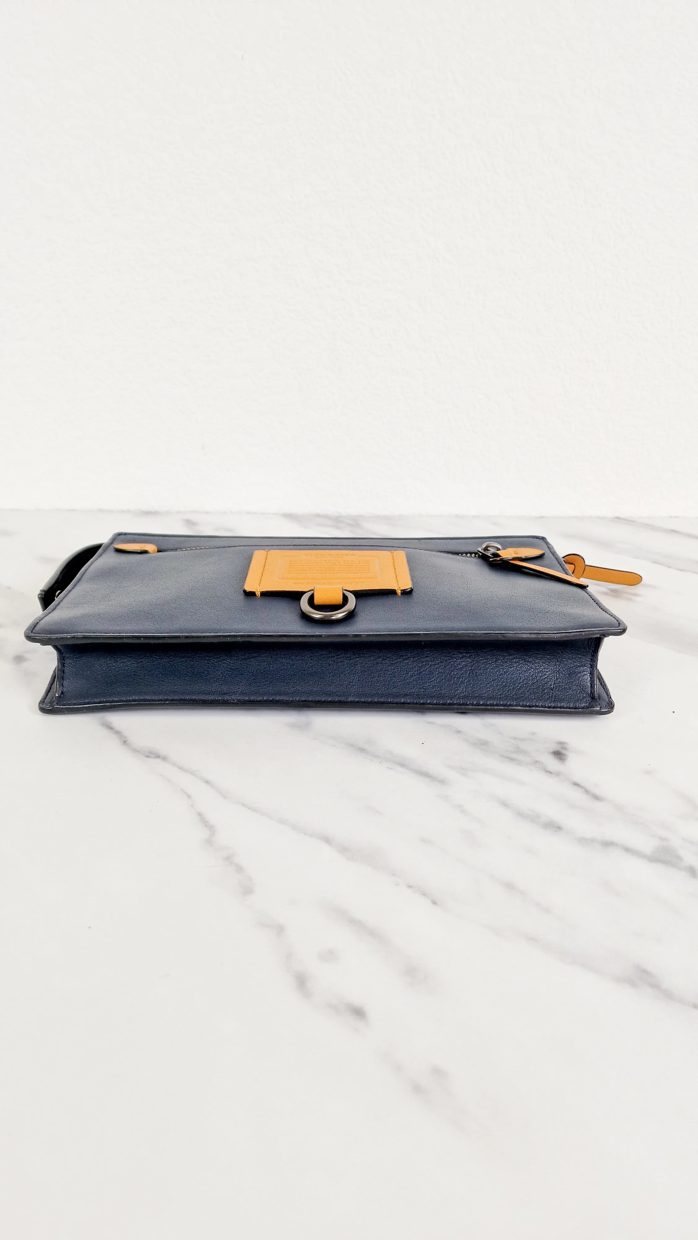 Coach Rivington Convetible Pouch Clutch in Navy Blue Smooth Leather with Yellow Details - Coach 68232
