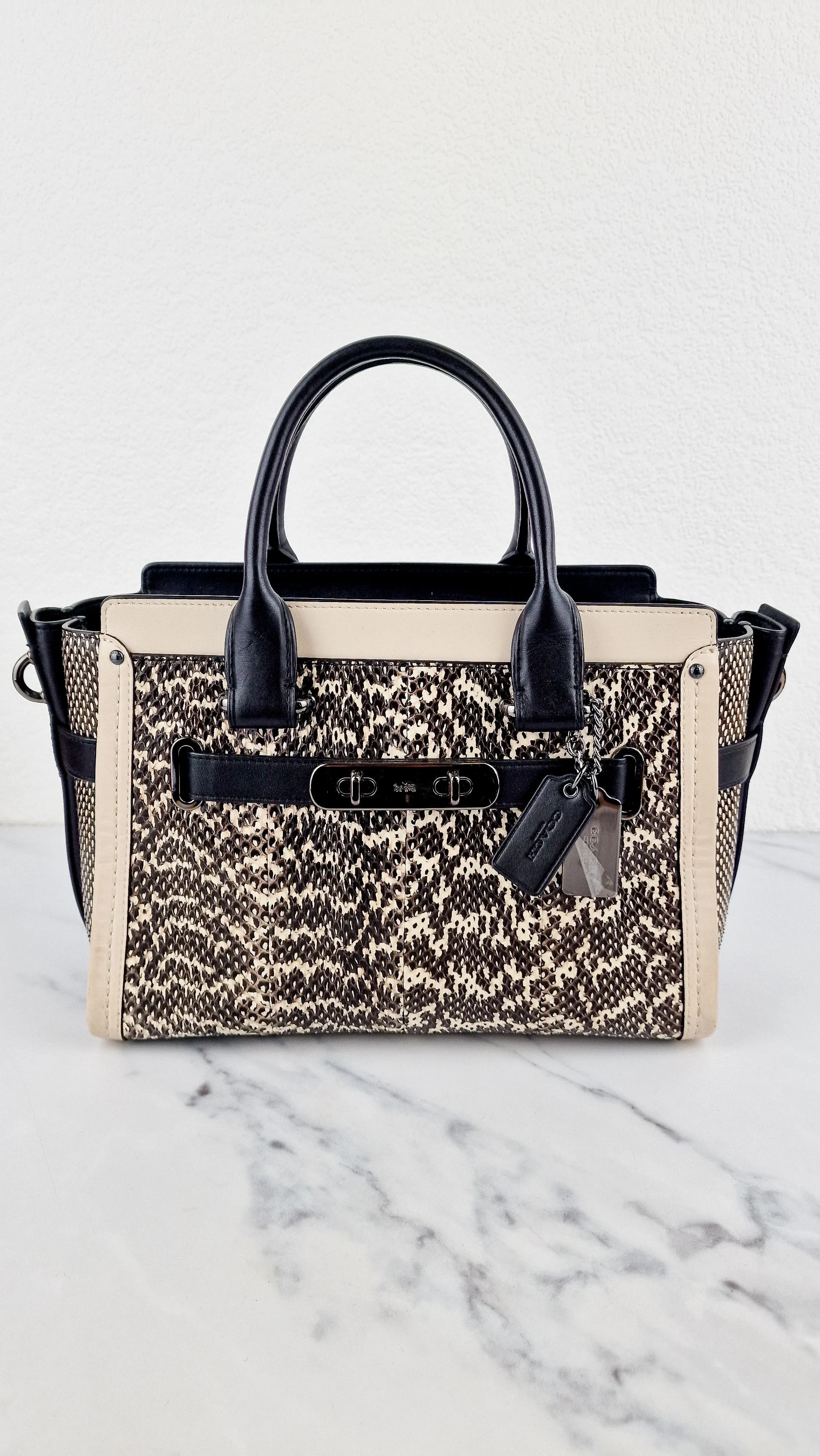 Coach Swagger 27 in Genuine Snakeskin Colorblock Black & White Chalk Leather Handbag - Coach 57113