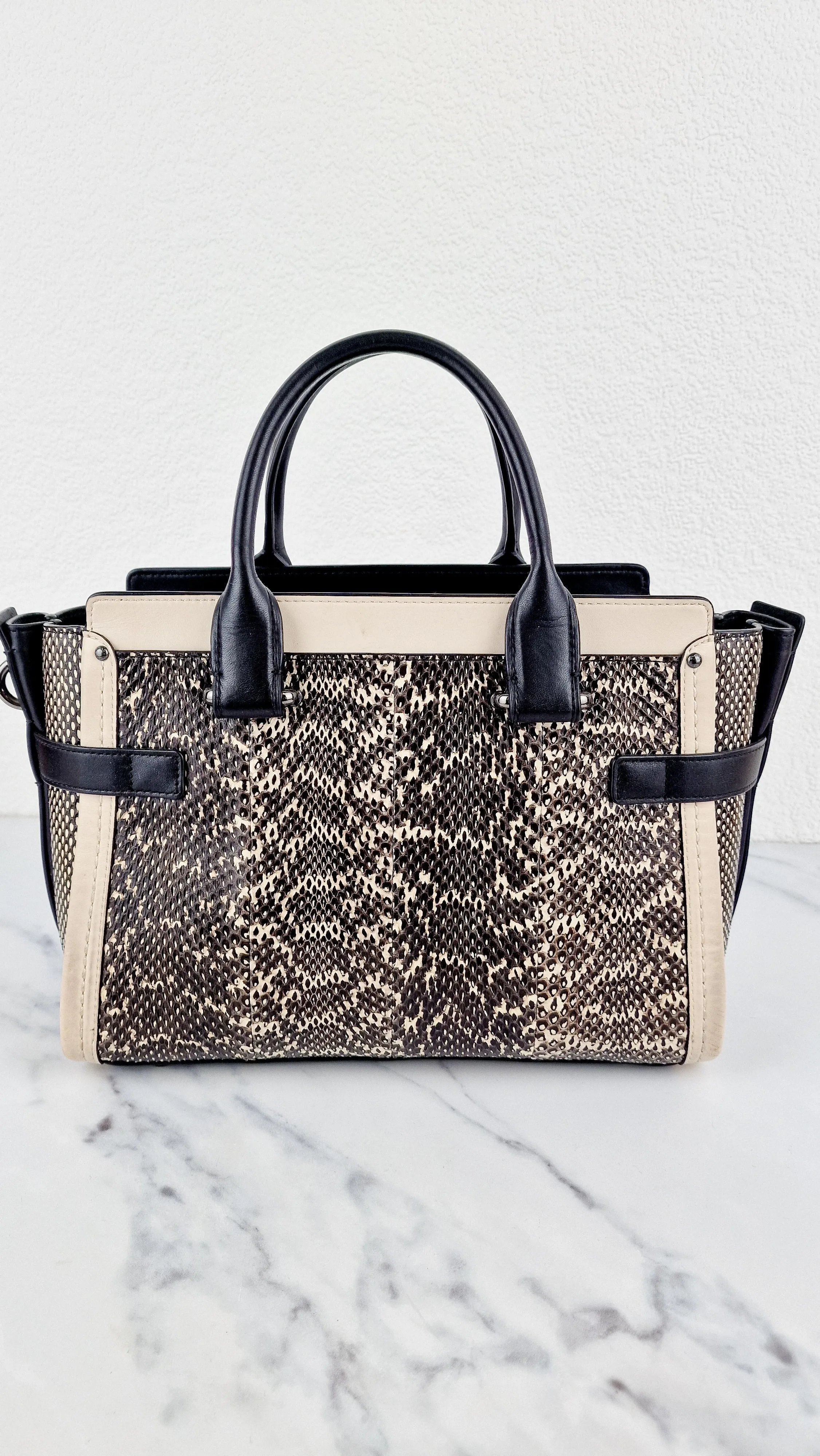 Coach Swagger 27 in Genuine Snakeskin Colorblock Black & White Chalk Leather Handbag - Coach 57113