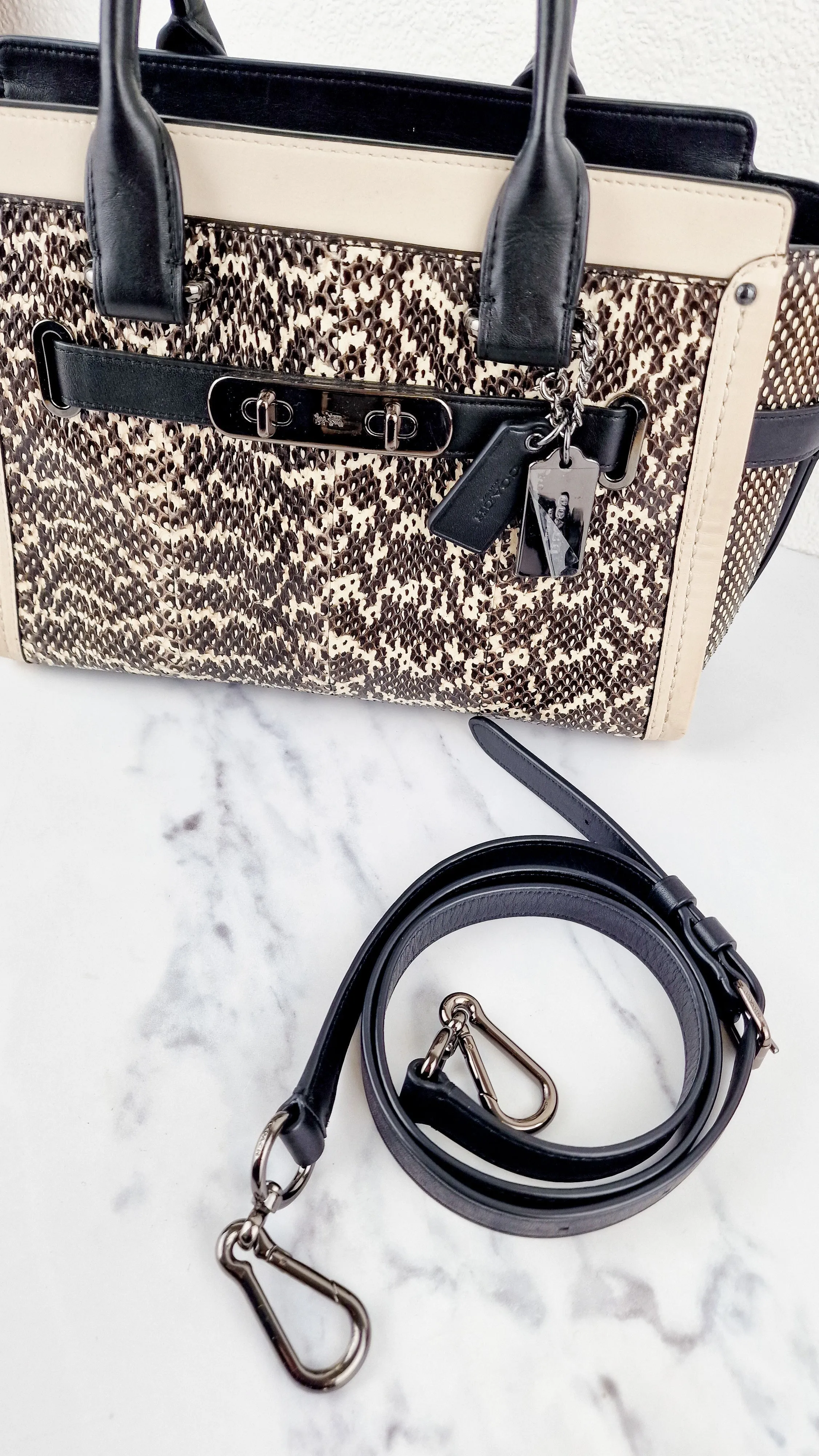 Coach Swagger 27 in Genuine Snakeskin Colorblock Black & White Chalk Leather Handbag - Coach 57113