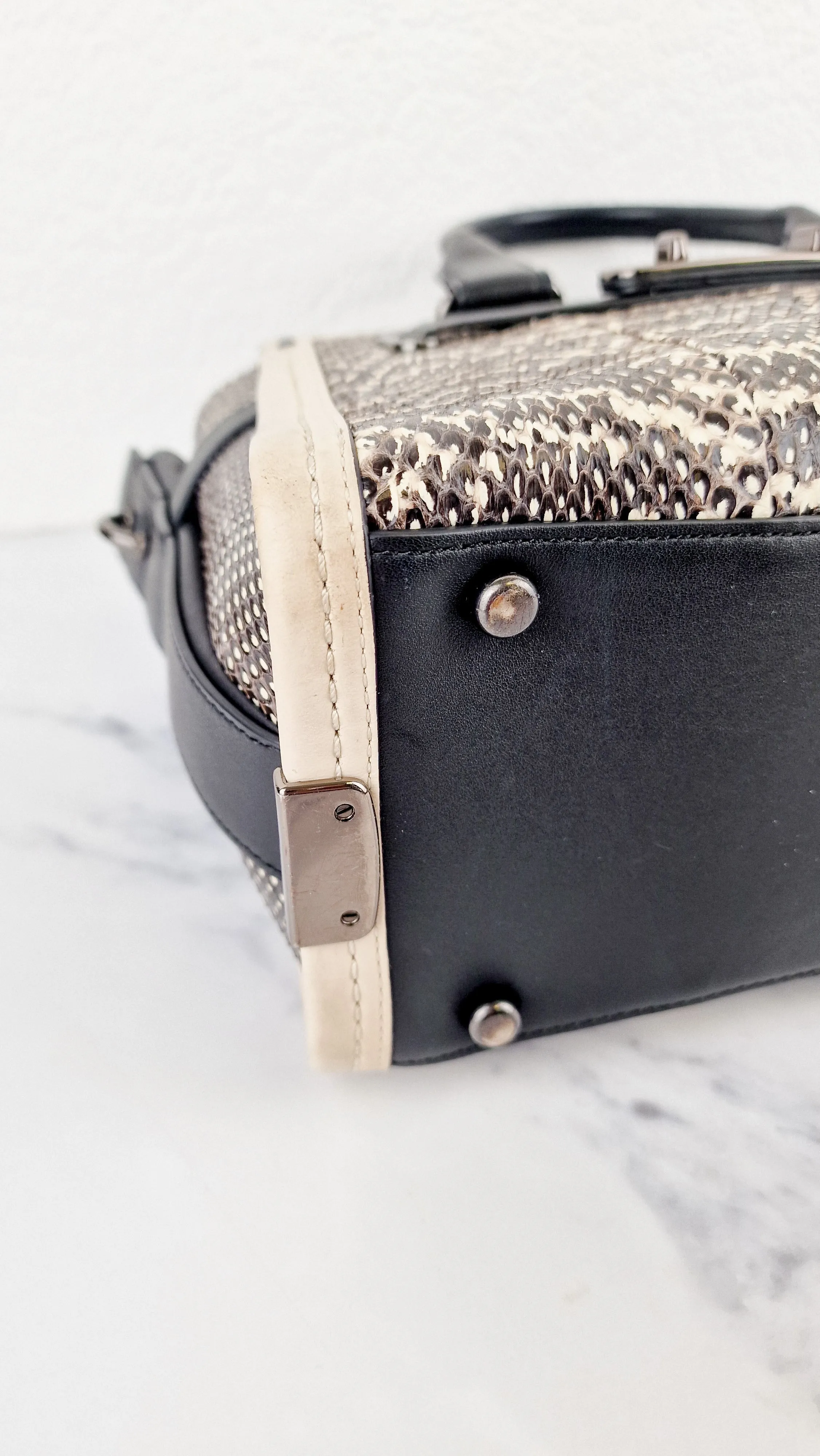 Coach Swagger 27 in Genuine Snakeskin Colorblock Black & White Chalk Leather Handbag - Coach 57113
