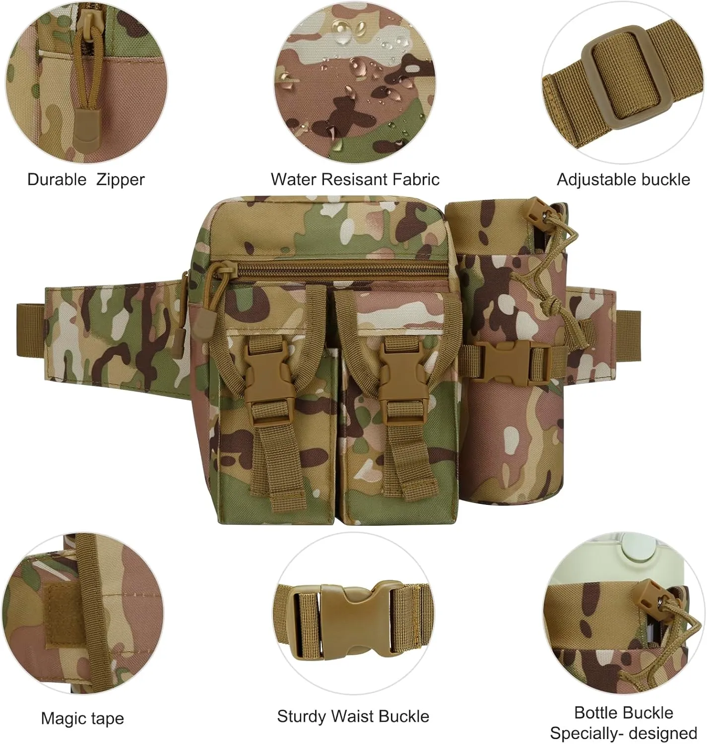 DOB SECHS Hiking Waist Bag with Detachable Water Bottle Holder and Adjustable Waist Belt Oxford Fanny Pack for Men Women Causal Belt Bag for Travel Outdoor Fishing Running Hiking Hunting,Camouflage-A