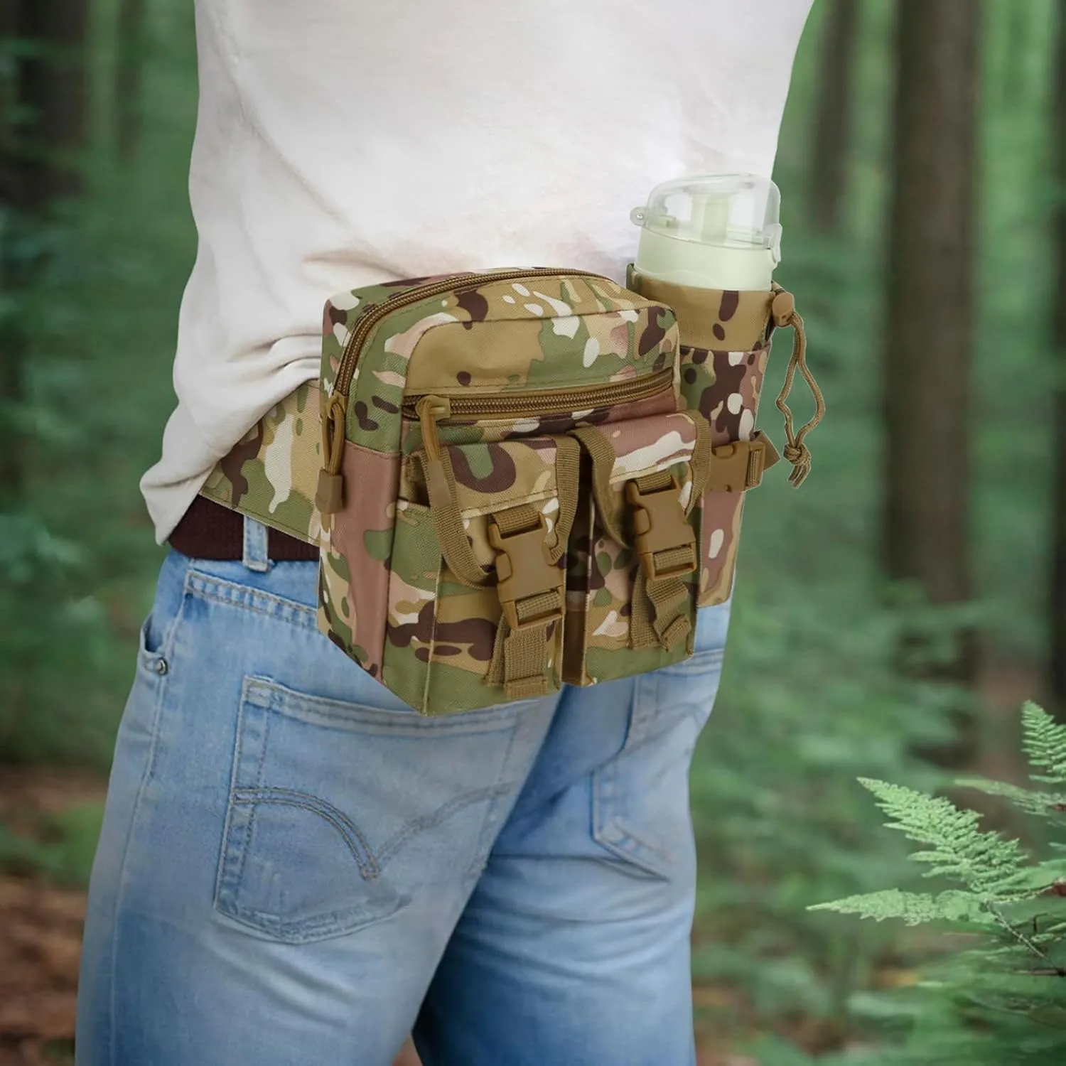 DOB SECHS Hiking Waist Bag with Detachable Water Bottle Holder and Adjustable Waist Belt Oxford Fanny Pack for Men Women Causal Belt Bag for Travel Outdoor Fishing Running Hiking Hunting,Camouflage-A