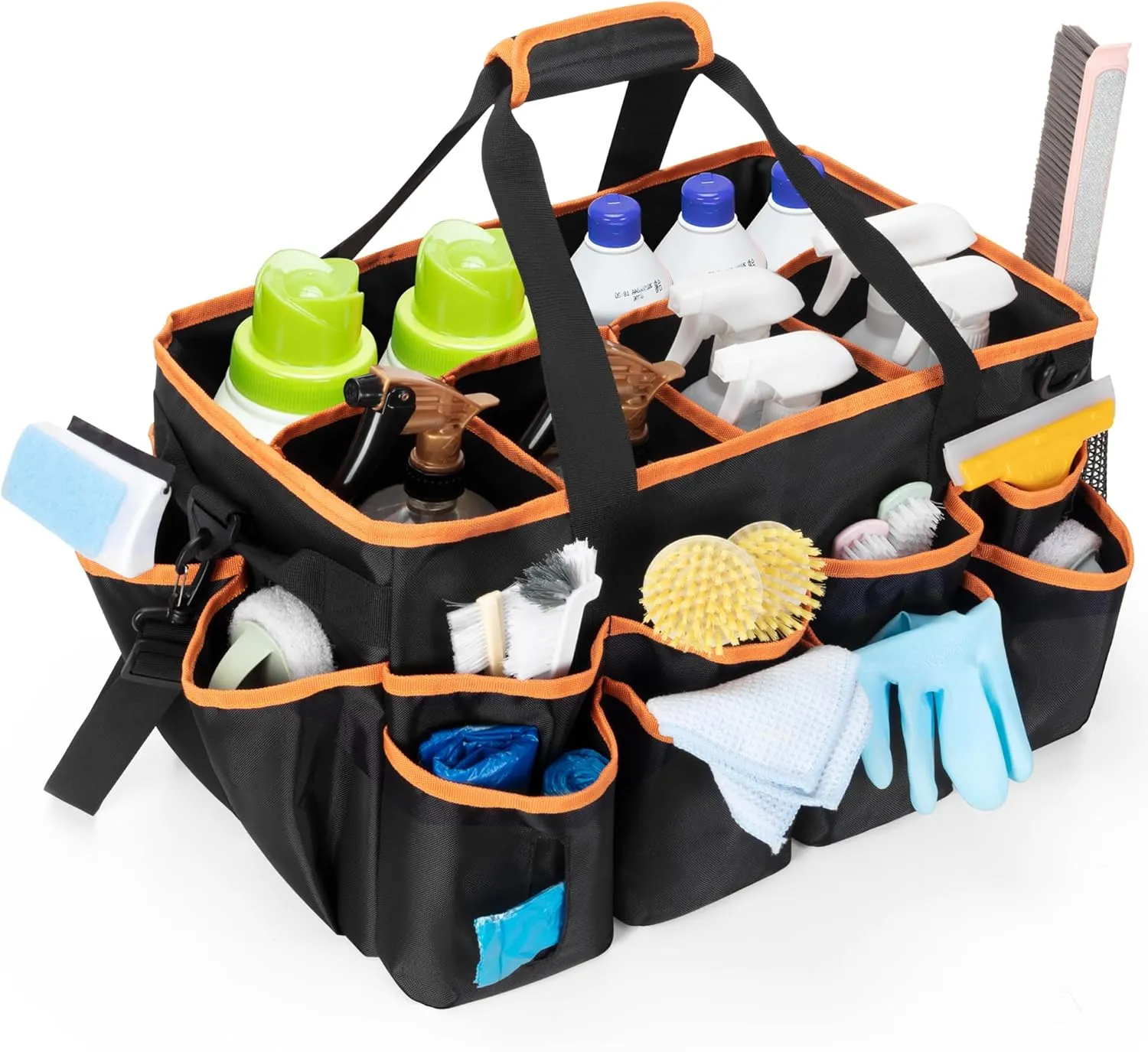 Extra-large Wearable Cleaning Caddy, Organizer Bag for Housekeeper with Pad, Handle & Divider, Car Wash Tools Bag for Detailing Supplies, Orange Edge