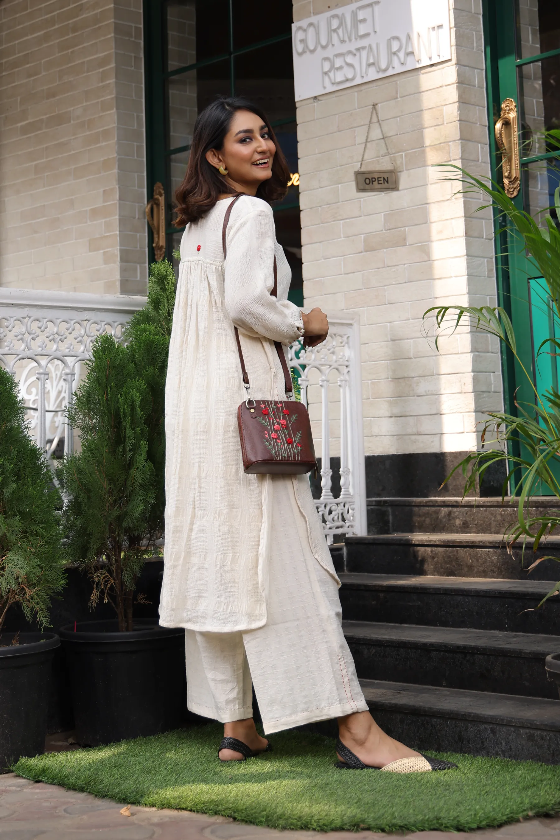 Hand Embroidered Red Rosebuds Venice Sling Bag