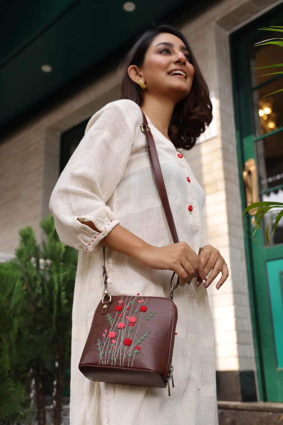 Hand Embroidered Red Rosebuds Venice Sling Bag