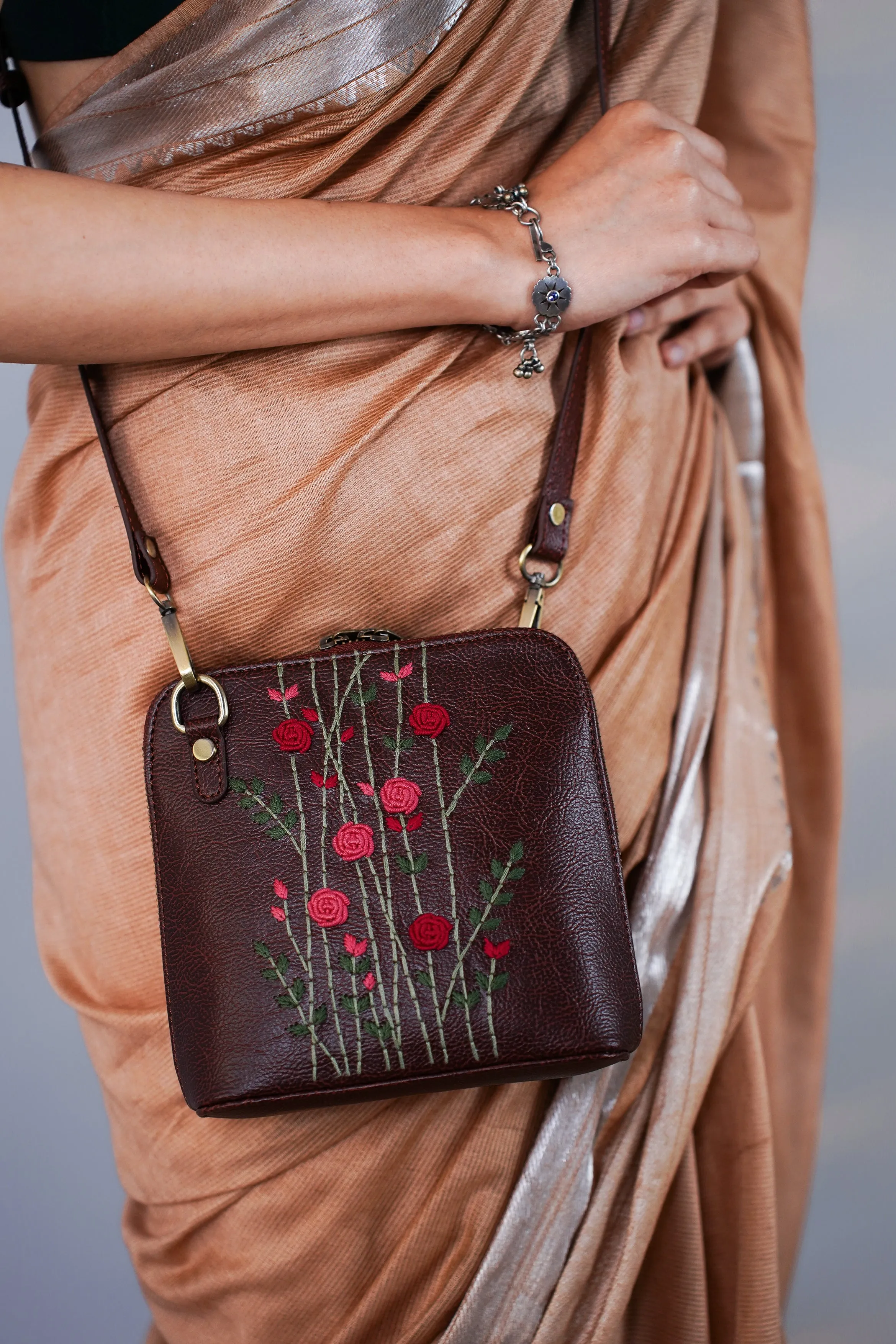 Hand Embroidered Red Rosebuds Venice Sling Bag