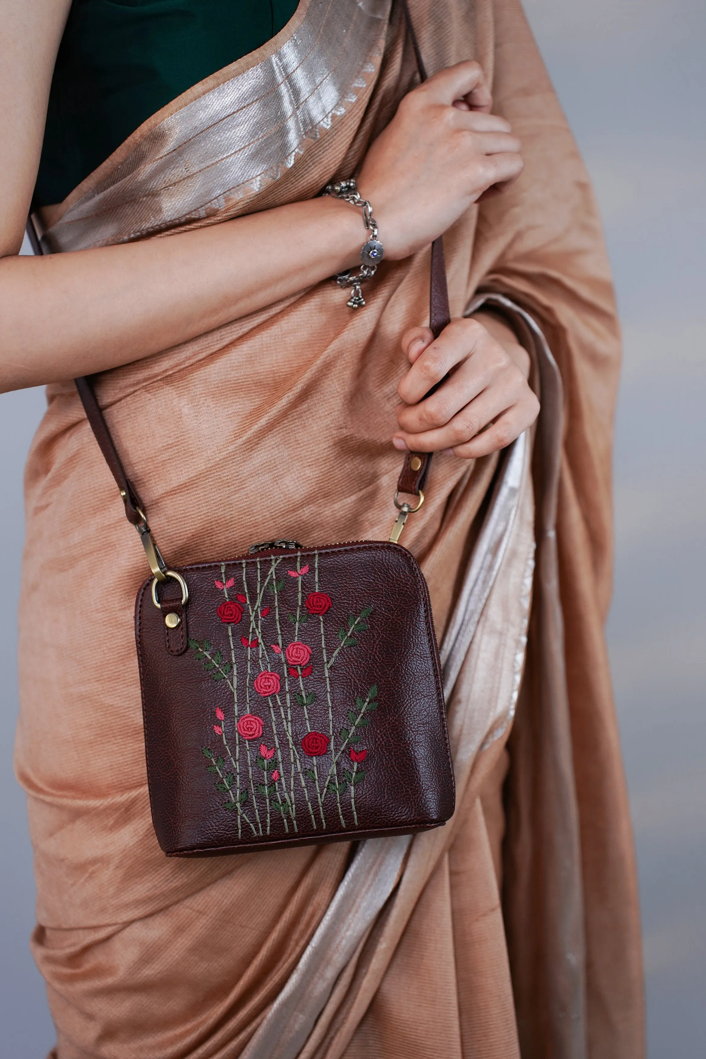 Hand Embroidered Red Rosebuds Venice Sling Bag