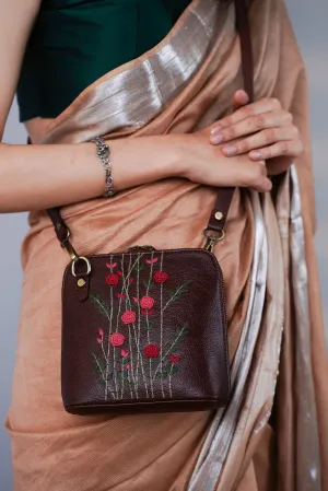 Hand Embroidered Red Rosebuds Venice Sling Bag