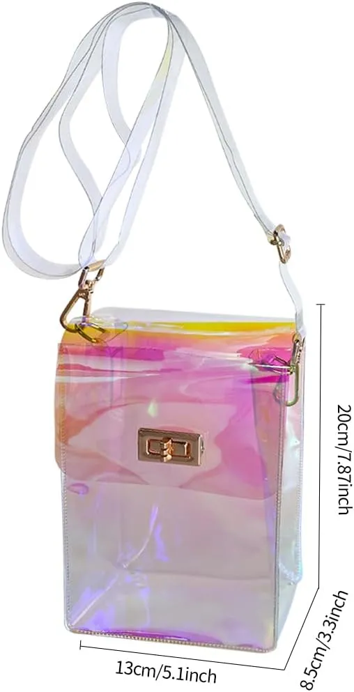 Holographic Clear Bag Stadium Approved - Iridescent Jelly Purse for Women, Neon Crossbody PVC Transparent Handbag with Strap