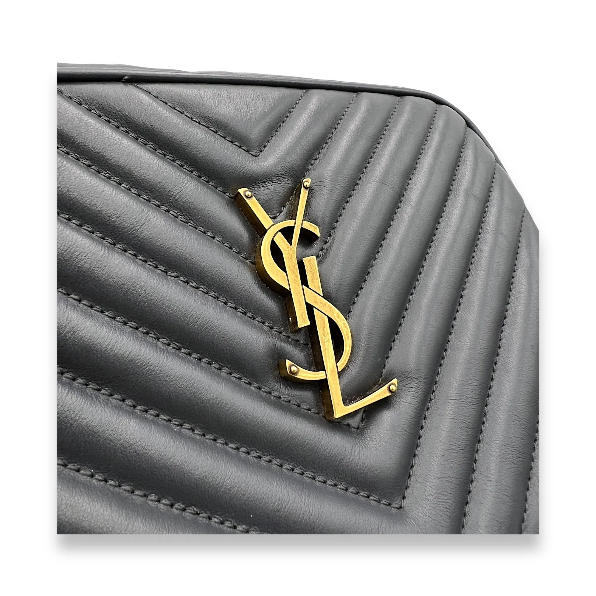 Lou Camera Grey Crossbody Bag in Calfskin, Gold hardware