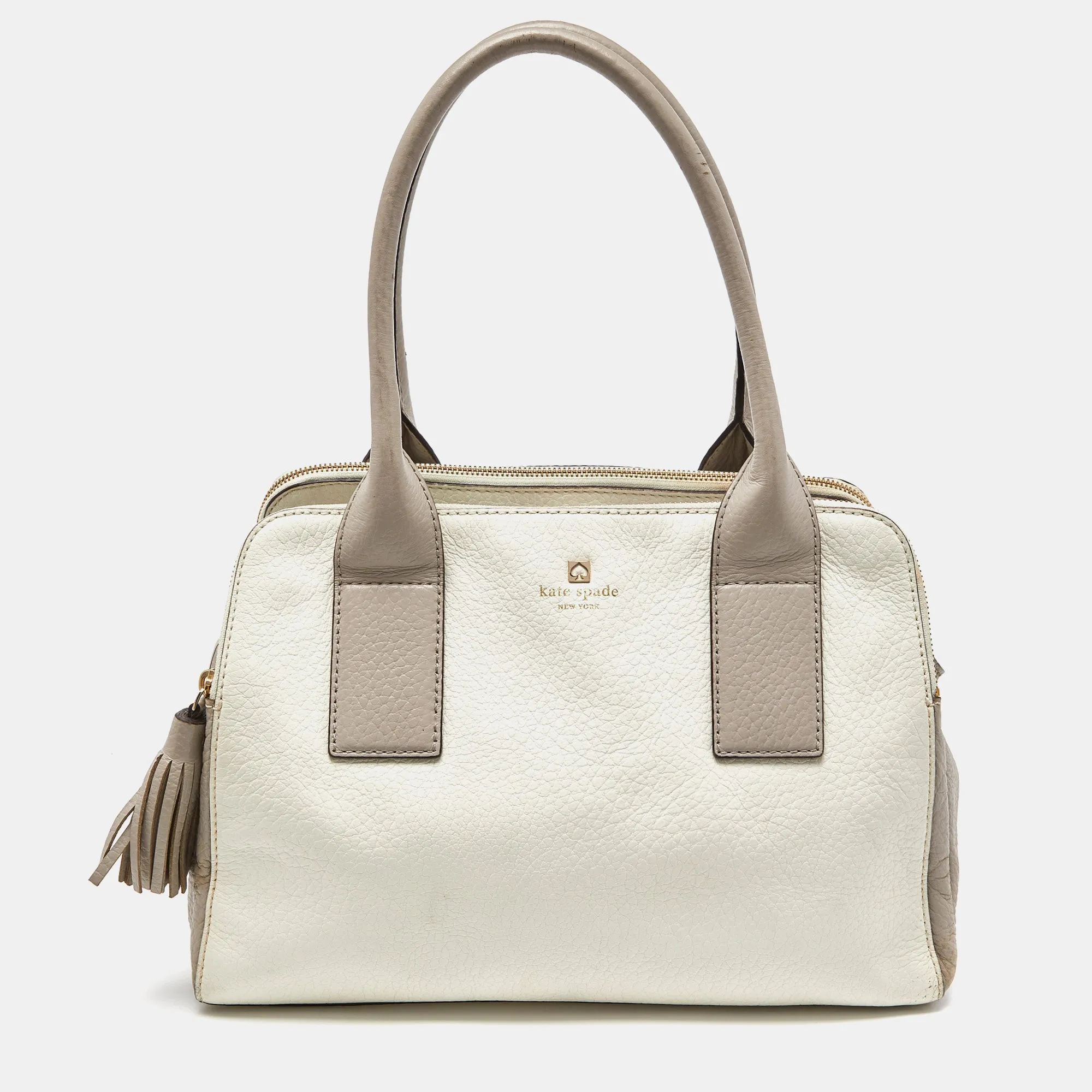Off White/Grey Leather Double Zip Satchel