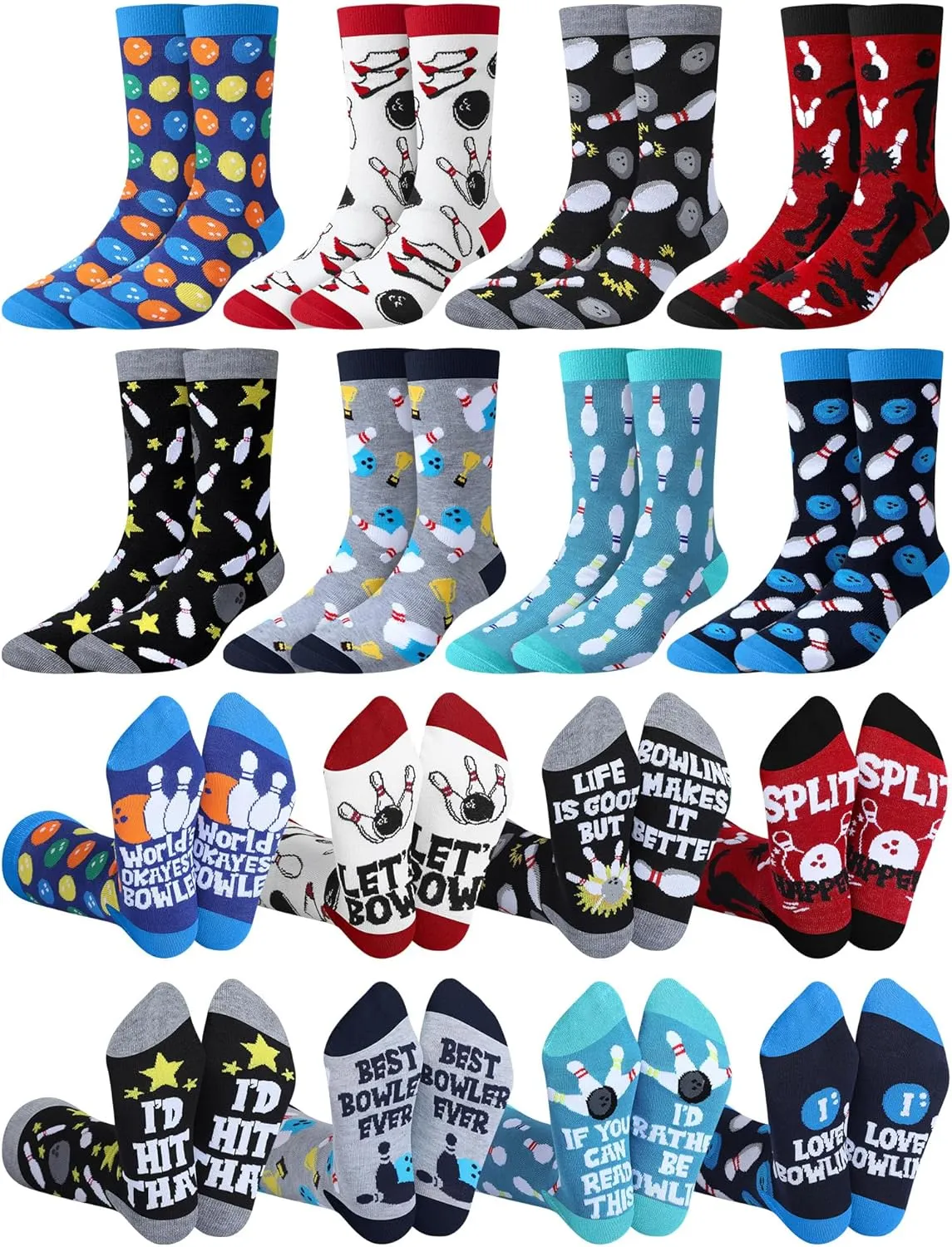 Patelai 8 Pairs Funny Bowling Gift Socks for Men Shoe Size 7-12, Novelty Crew Dress Bowling Gift Accessories for Bowlers Lovers