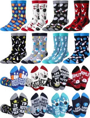 Patelai 8 Pairs Funny Bowling Gift Socks for Men Shoe Size 7-12, Novelty Crew Dress Bowling Gift Accessories for Bowlers Lovers