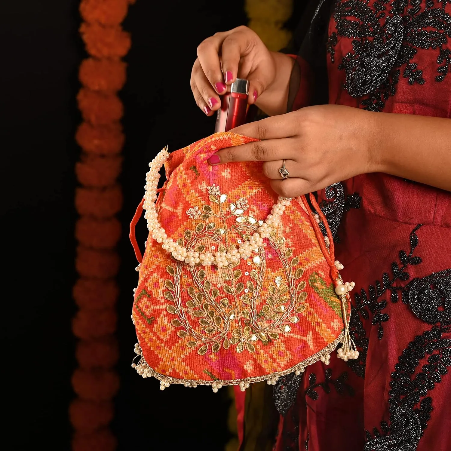 Potli Clutch Batawa Bag Purse Embroidered Embellished Handmade Traditional Ethnic Golden Work Wedding Wristlet Ladies Handbag for Girls Women for Party Wedding Special Occasion and Gifting (Orange)
