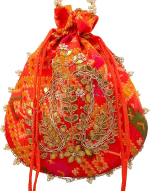 Potli Clutch Batawa Bag Purse Embroidered Embellished Handmade Traditional Ethnic Golden Work Wedding Wristlet Ladies Handbag for Girls Women for Party Wedding Special Occasion and Gifting (Orange)