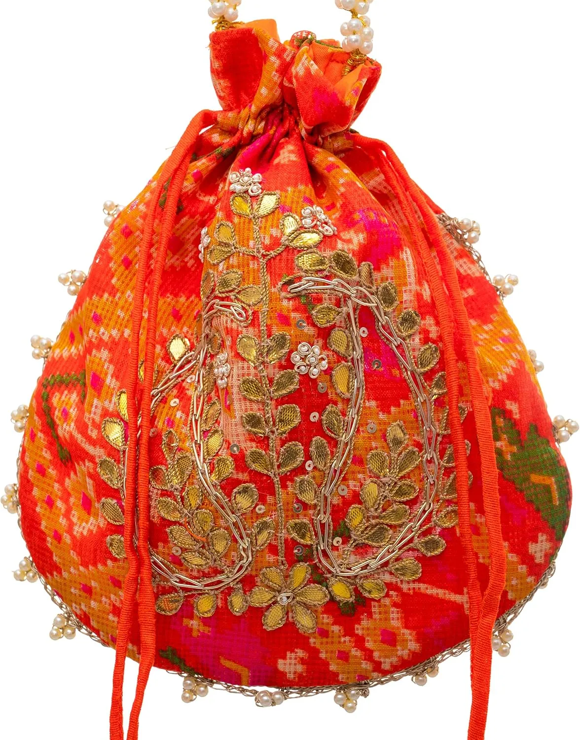 Potli Clutch Batawa Bag Purse Embroidered Embellished Handmade Traditional Ethnic Golden Work Wedding Wristlet Ladies Handbag for Girls Women for Party Wedding Special Occasion and Gifting (Orange)