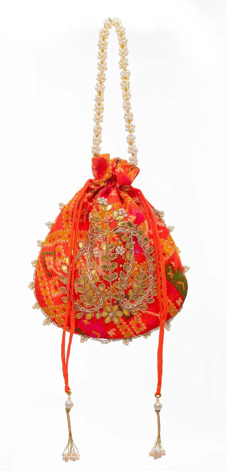 Potli Clutch Batawa Bag Purse Embroidered Embellished Handmade Traditional Ethnic Golden Work Wedding Wristlet Ladies Handbag for Girls Women for Party Wedding Special Occasion and Gifting (Orange)