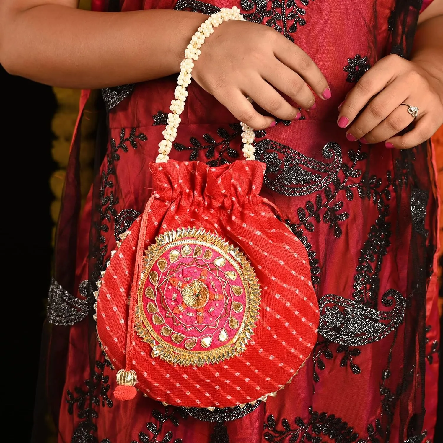 Potli Clutch Batawa Bag Purse Embroidered Embellished Handmade Traditional Ethnic Golden Work Wedding Wristlet Ladies Handbag for Girls Women for Party Wedding Special Occasion and Gifting (Red)