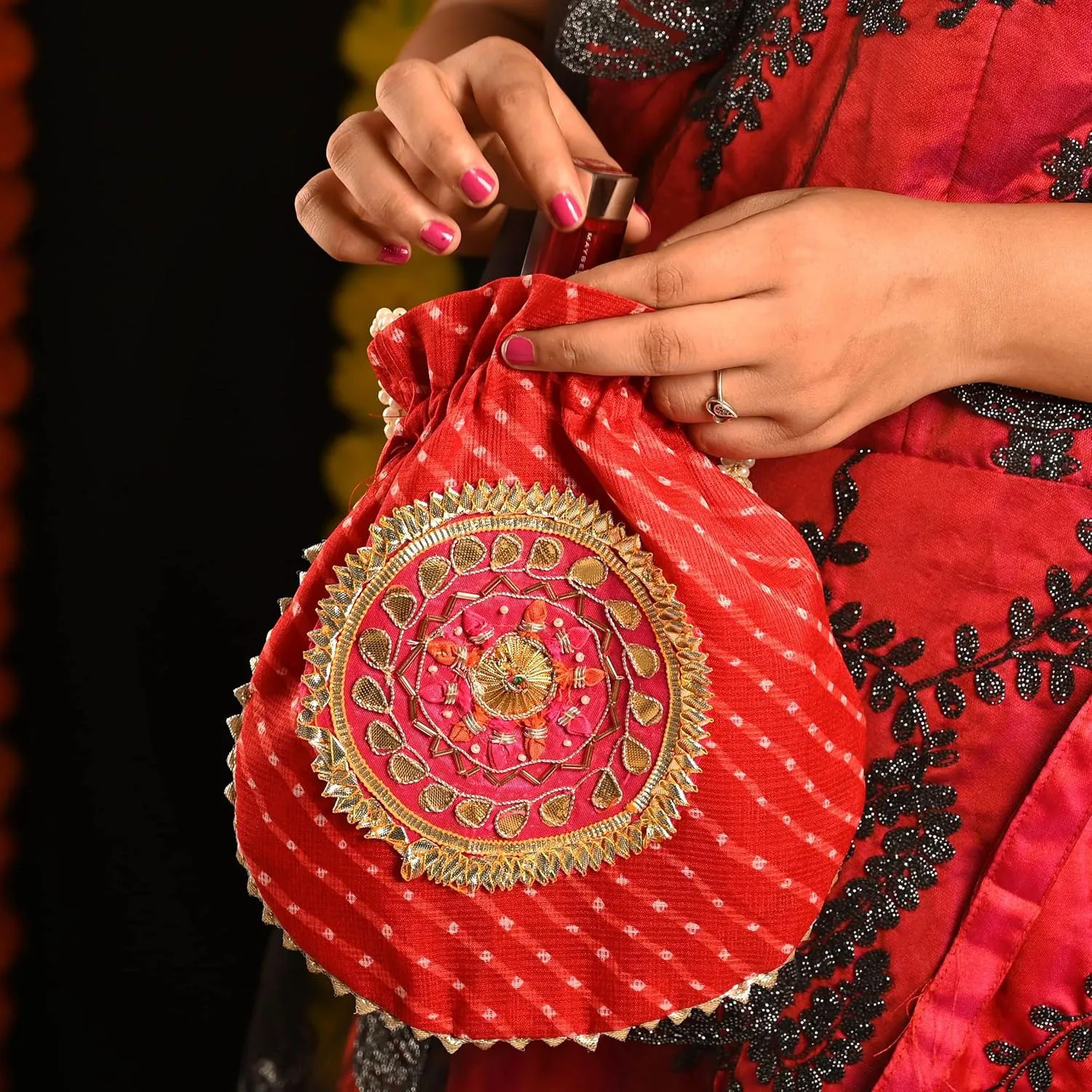 Potli Clutch Batawa Bag Purse Embroidered Embellished Handmade Traditional Ethnic Golden Work Wedding Wristlet Ladies Handbag for Girls Women for Party Wedding Special Occasion and Gifting (Red)