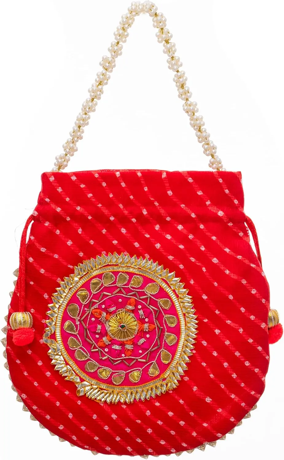 Potli Clutch Batawa Bag Purse Embroidered Embellished Handmade Traditional Ethnic Golden Work Wedding Wristlet Ladies Handbag for Girls Women for Party Wedding Special Occasion and Gifting (Red)