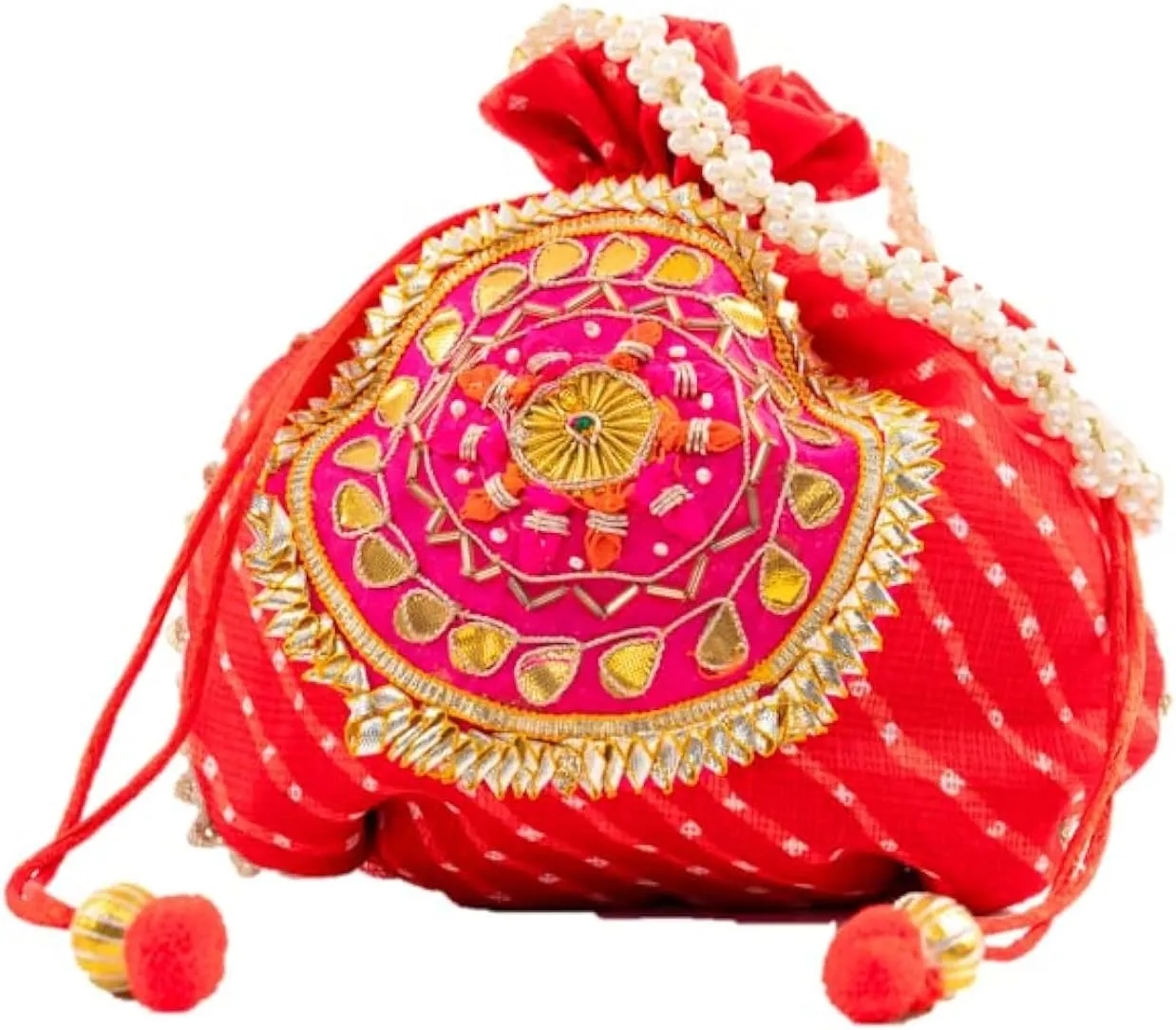 Potli Clutch Batawa Bag Purse Embroidered Embellished Handmade Traditional Ethnic Golden Work Wedding Wristlet Ladies Handbag for Girls Women for Party Wedding Special Occasion and Gifting (Red)