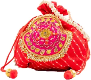 Potli Clutch Batawa Bag Purse Embroidered Embellished Handmade Traditional Ethnic Golden Work Wedding Wristlet Ladies Handbag for Girls Women for Party Wedding Special Occasion and Gifting (Red)