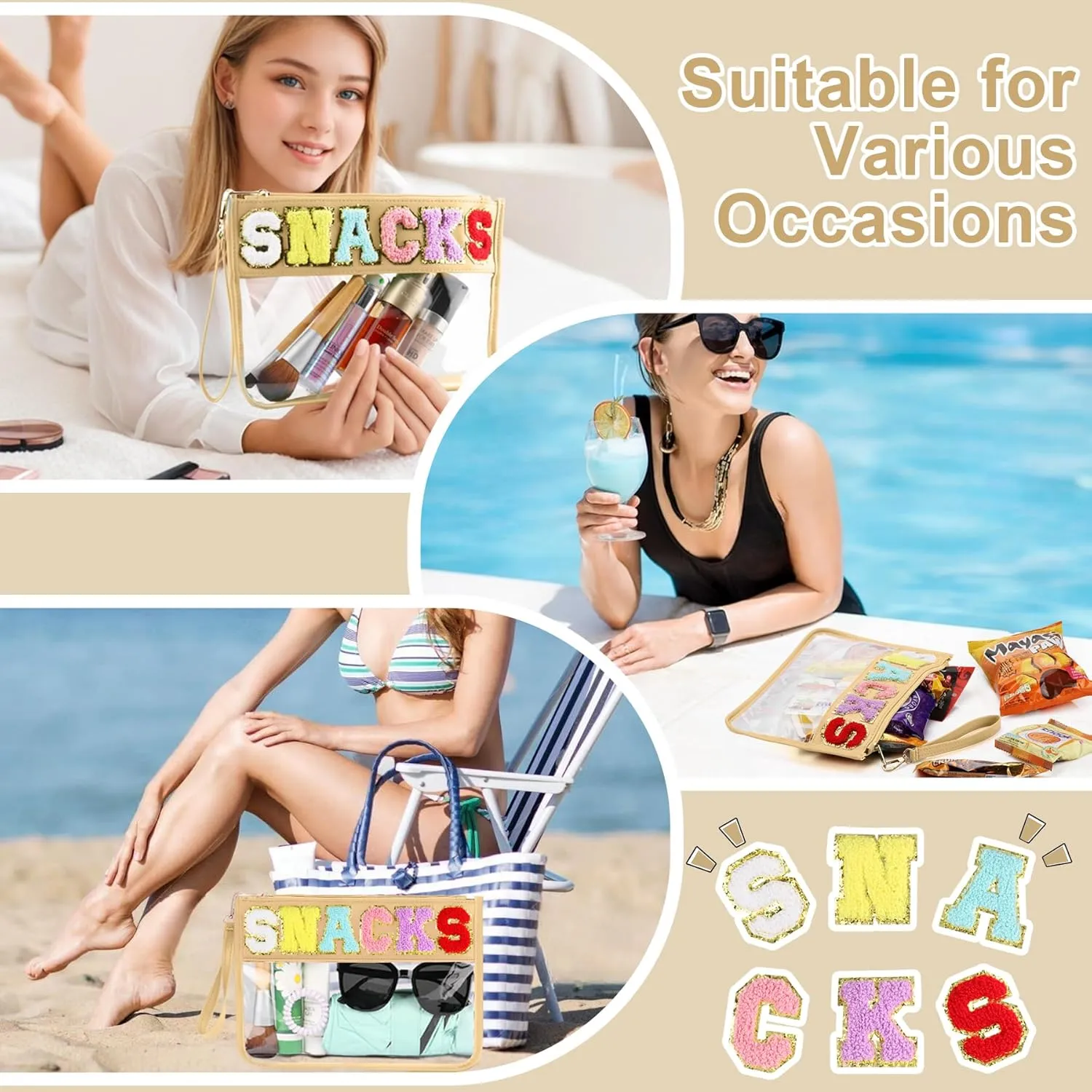 Snack Bag for Travel - Clear Chenille Varsity Letter Flat Pouch with Zipper, Waterproof Clear Nylon Preppy Patch Makeup Cosmetic tote Bags for Women Girls
