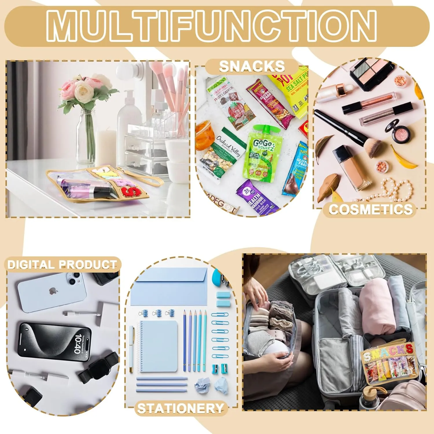 Snack Bag for Travel - Clear Chenille Varsity Letter Flat Pouch with Zipper, Waterproof Clear Nylon Preppy Patch Makeup Cosmetic tote Bags for Women Girls