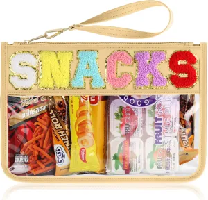 Snack Bag for Travel - Clear Chenille Varsity Letter Flat Pouch with Zipper, Waterproof Clear Nylon Preppy Patch Makeup Cosmetic tote Bags for Women Girls