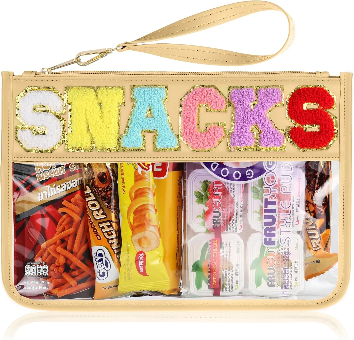 Snack Bag for Travel - Clear Chenille Varsity Letter Flat Pouch with Zipper, Waterproof Clear Nylon Preppy Patch Makeup Cosmetic tote Bags for Women Girls