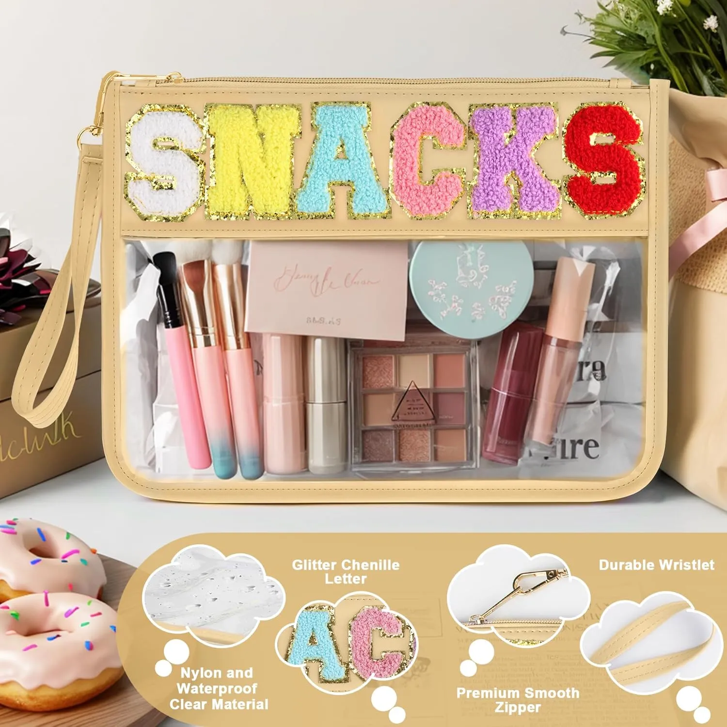 Snack Bag for Travel - Clear Chenille Varsity Letter Flat Pouch with Zipper, Waterproof Clear Nylon Preppy Patch Makeup Cosmetic tote Bags for Women Girls