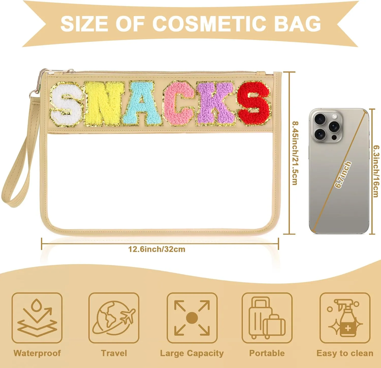 Snack Bag for Travel - Clear Chenille Varsity Letter Flat Pouch with Zipper, Waterproof Clear Nylon Preppy Patch Makeup Cosmetic tote Bags for Women Girls