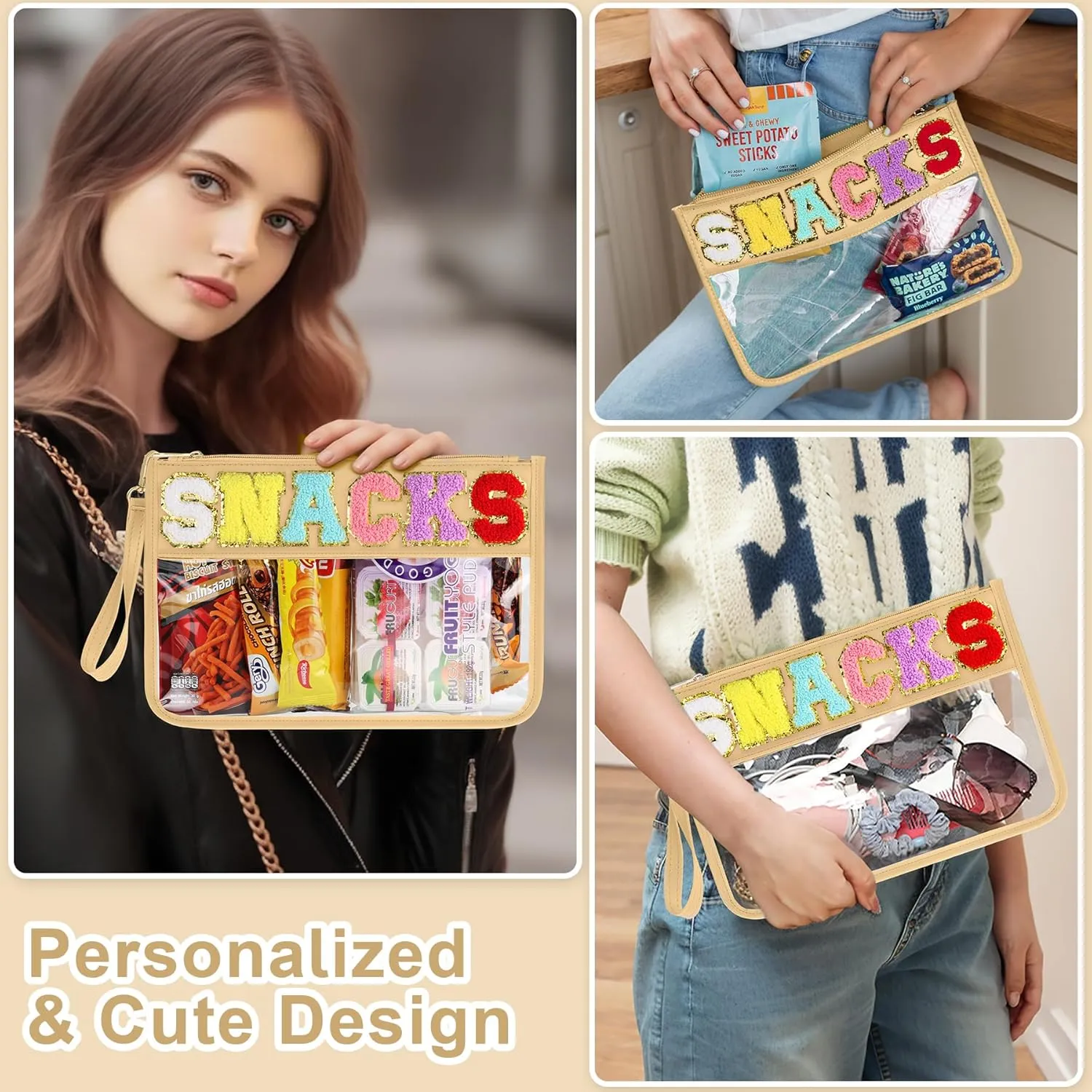 Snack Bag for Travel - Clear Chenille Varsity Letter Flat Pouch with Zipper, Waterproof Clear Nylon Preppy Patch Makeup Cosmetic tote Bags for Women Girls