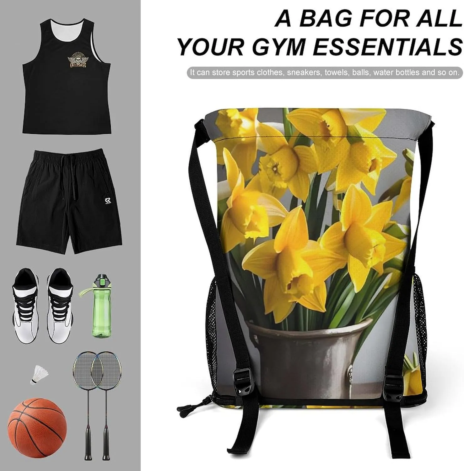 Sport Drawstring Backpack Large Capacity Dry And Wet Separation Bouquet of Daffodils Stuff Sack