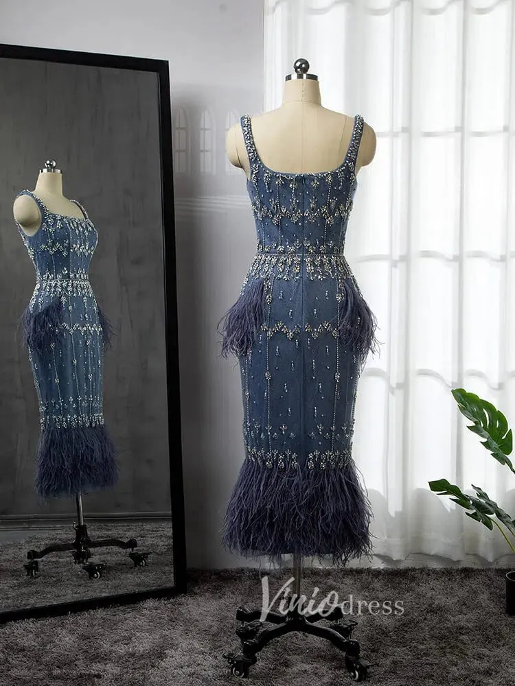 Square Neck Beaded Blue Evening Dresses Dusty Blue Tea Length Feather Dress 20020