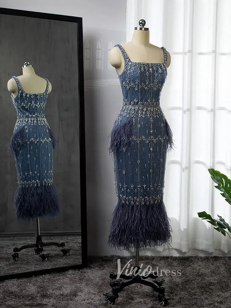 Square Neck Beaded Blue Evening Dresses Dusty Blue Tea Length Feather Dress 20020