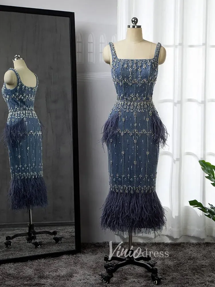 Square Neck Beaded Blue Evening Dresses Dusty Blue Tea Length Feather Dress 20020